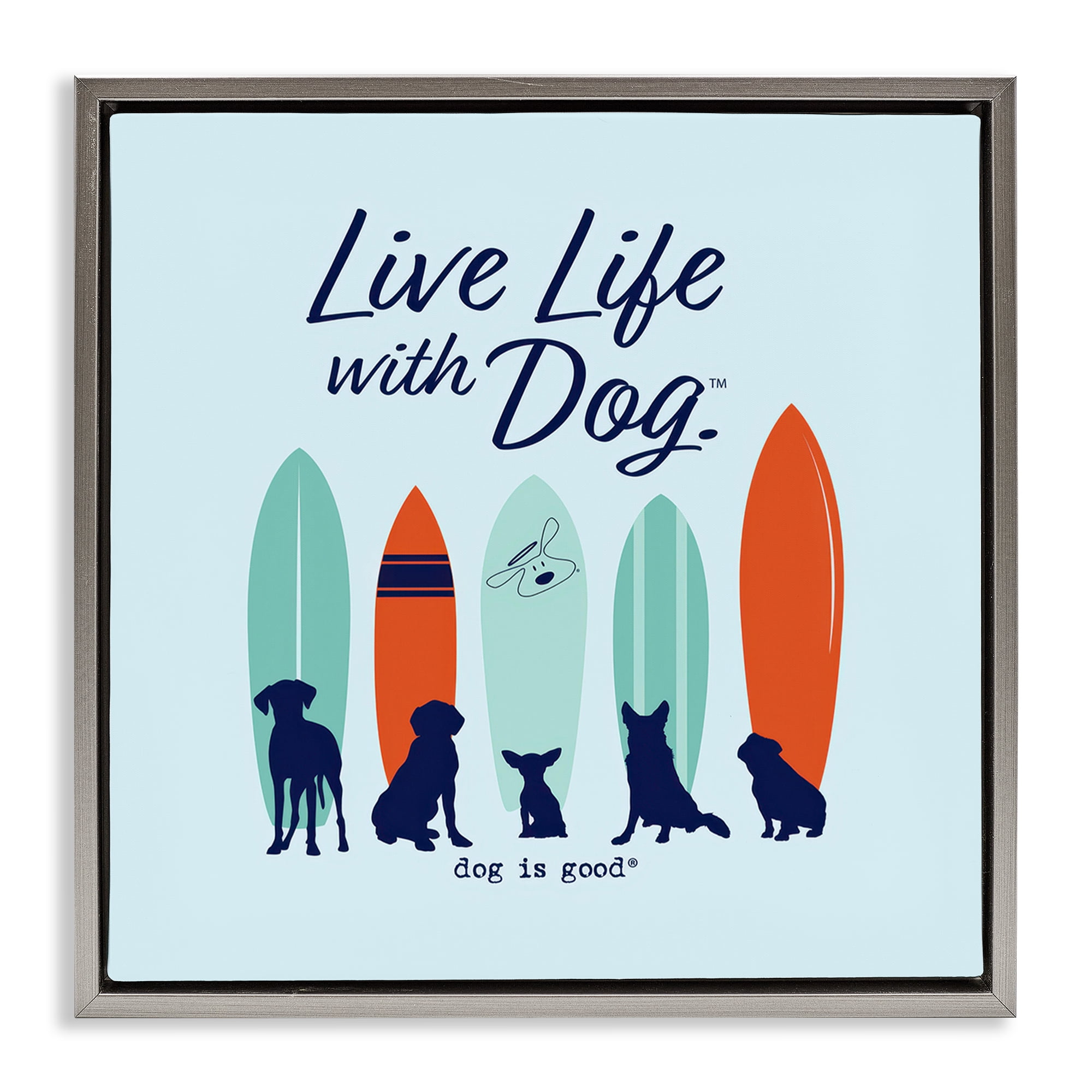 Stupell Industries Surfboards & Dogs Phrase Animals Painting Gray Floater Framed Canvas Art Print Wall Art, 18 x 18