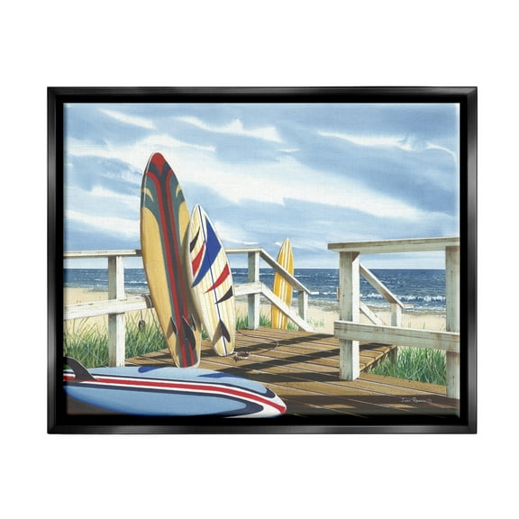 Stupell Industries Surfboards on Beach Deck Nature Painting Black Floater Framed Art Print Wall Art, 21 x 17