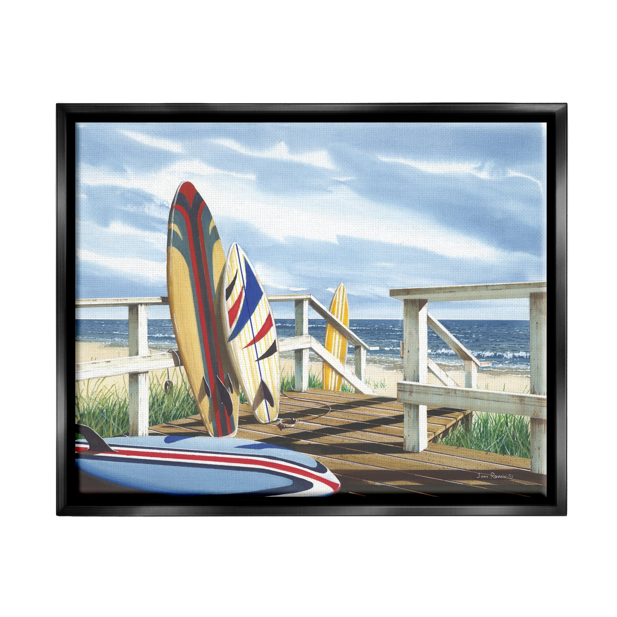 Stupell Industries Surfboards on Beach Deck Nature Painting Black Floater Framed Art Print Wall Art, 31 x 25