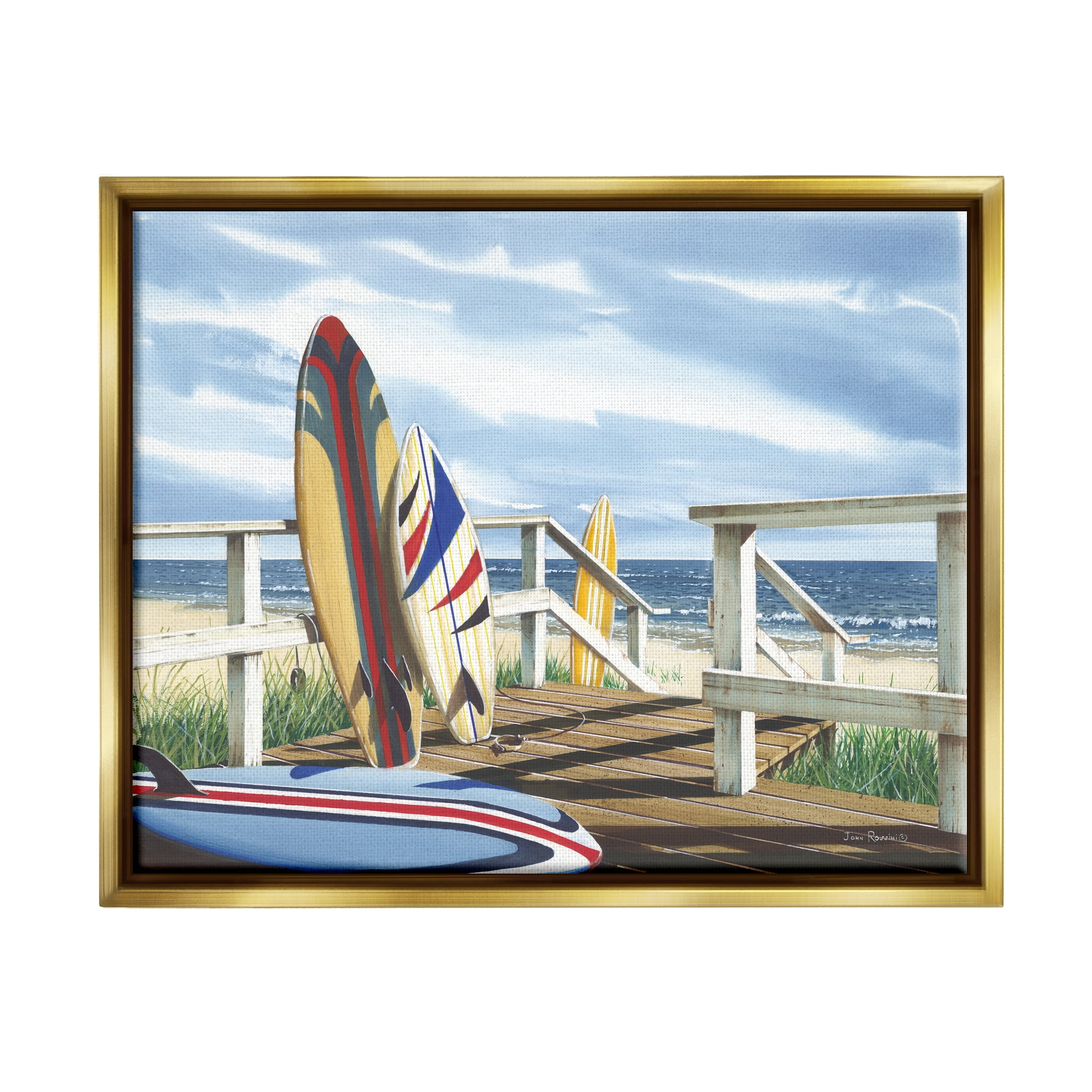 Stupell Industries Surfboards on Beach Deck Nature Painting Gold Floater Framed Art Print Wall Art, 31 x 25