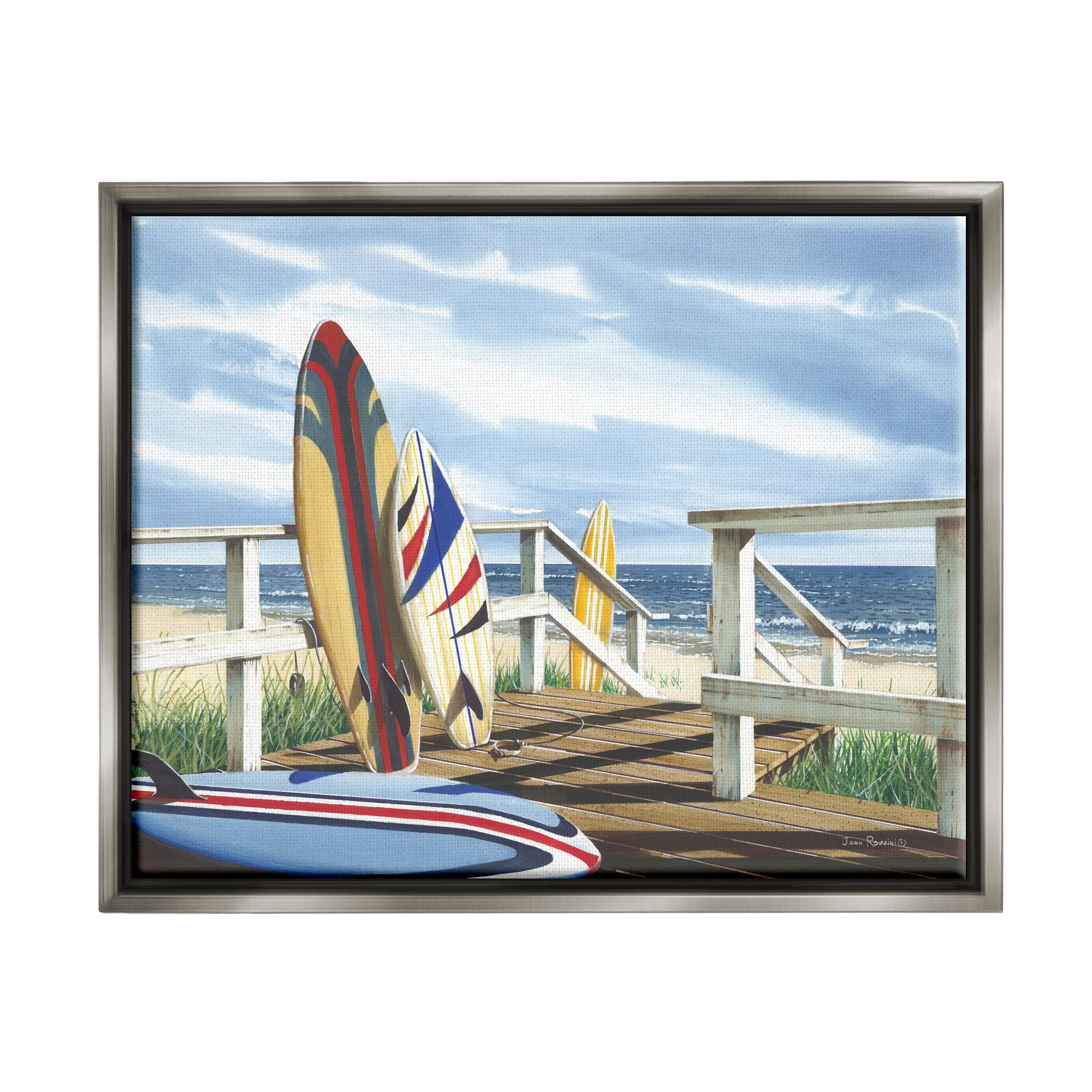 Stupell Industries Surfboards on Beach Deck Nature Painting Gray Floater Framed Art Print Wall Art, 31 x 25