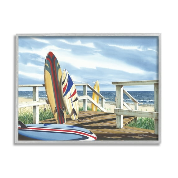 Stupell Industries Surfboards on Beach Deck Nature Painting Gray Framed Art Print Wall Art, 14 x 11
