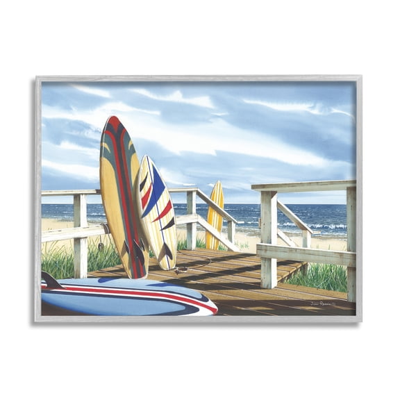 Stupell Industries Surfboards on Beach Deck Nature Painting Gray Framed Art Print Wall Art, 14 x 11