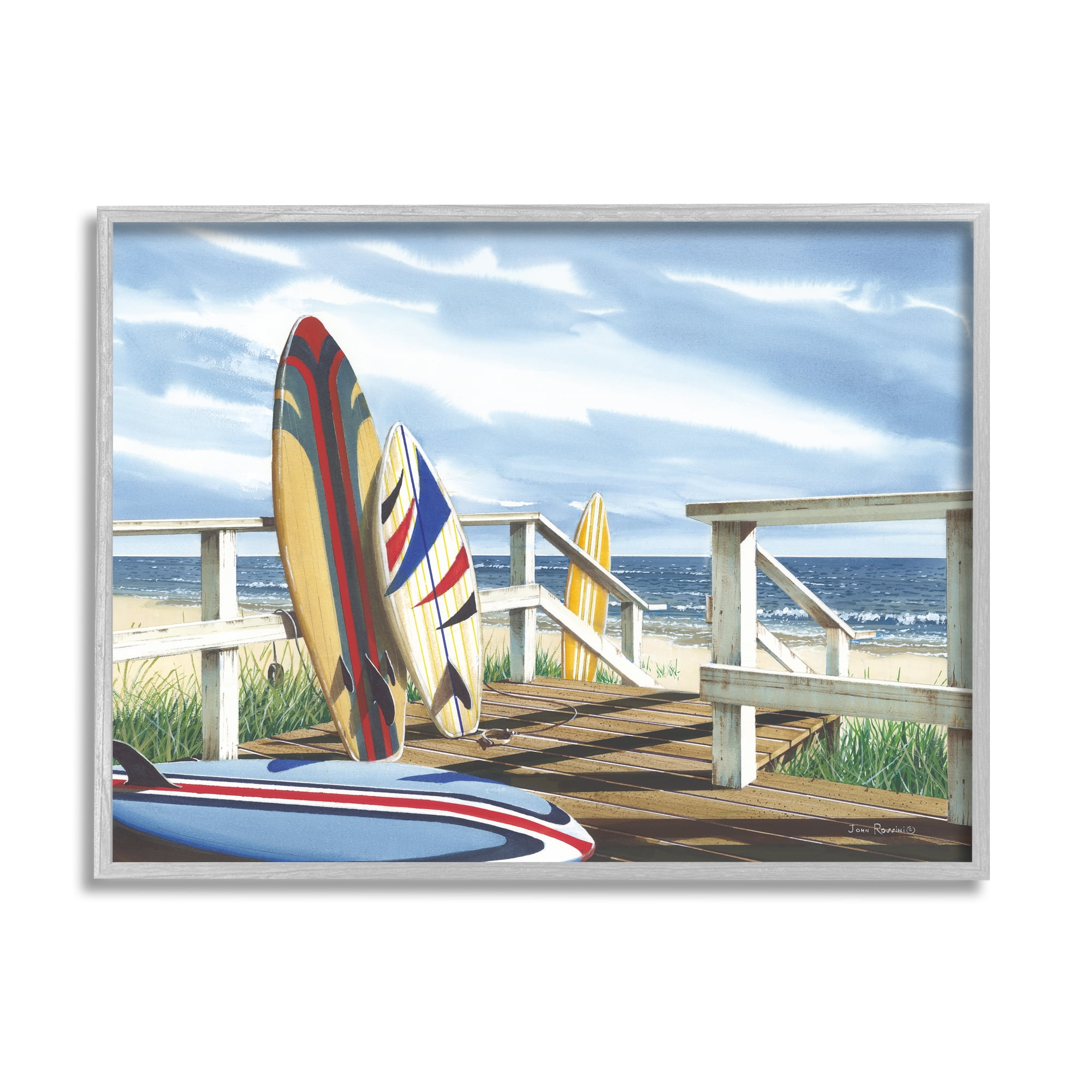 Stupell Industries Surfboards on Beach Deck Nature Painting Gray Framed Art Print Wall Art, 20 x 16