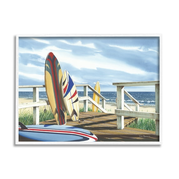 Stupell Industries Surfboards on Beach Deck Nature Painting White Framed Art Print Wall Art, 30 x 24