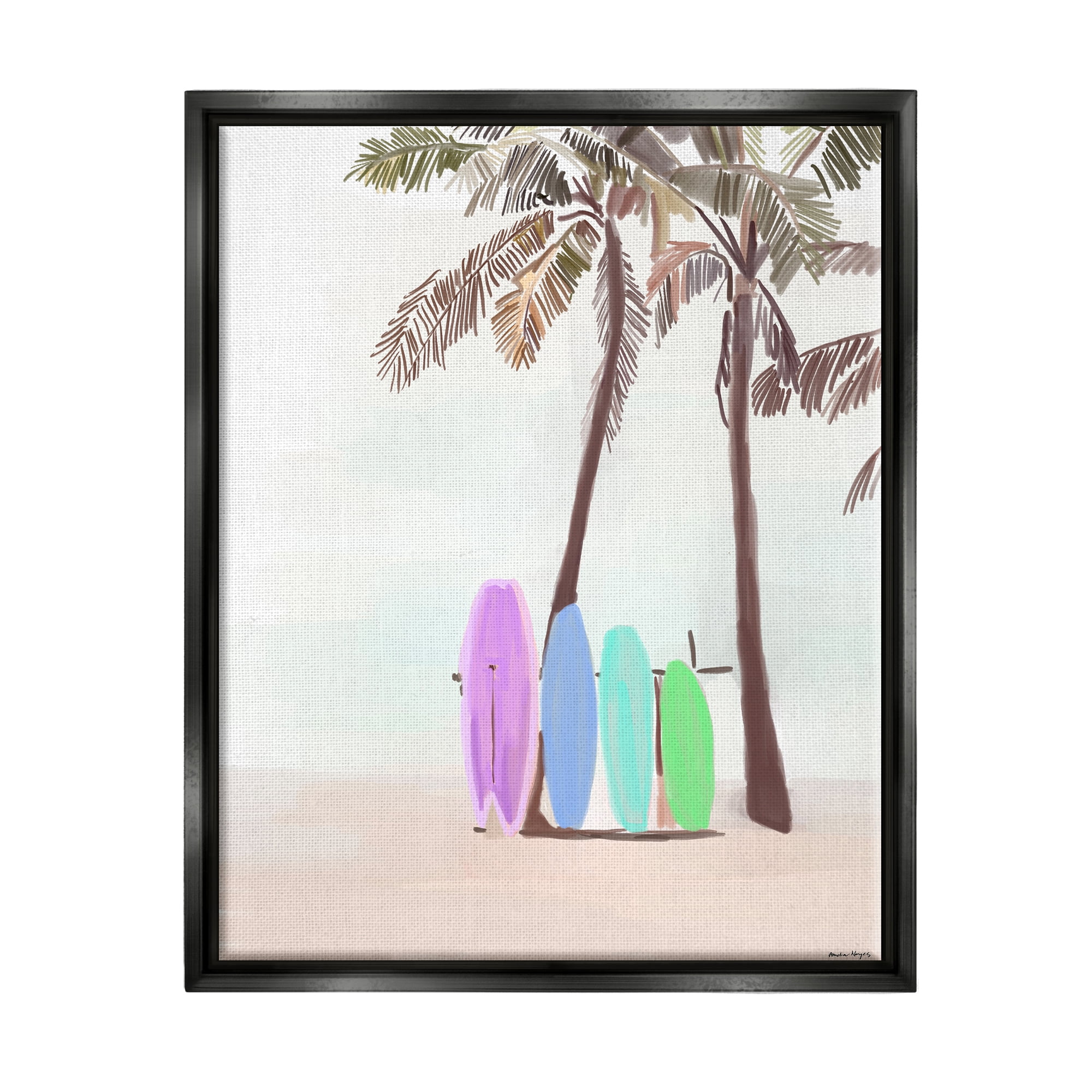 Stupell Industries Surfboards on Palm Trees Sports Painting Black Floater Framed Art Print Wall Art, 25 x 31
