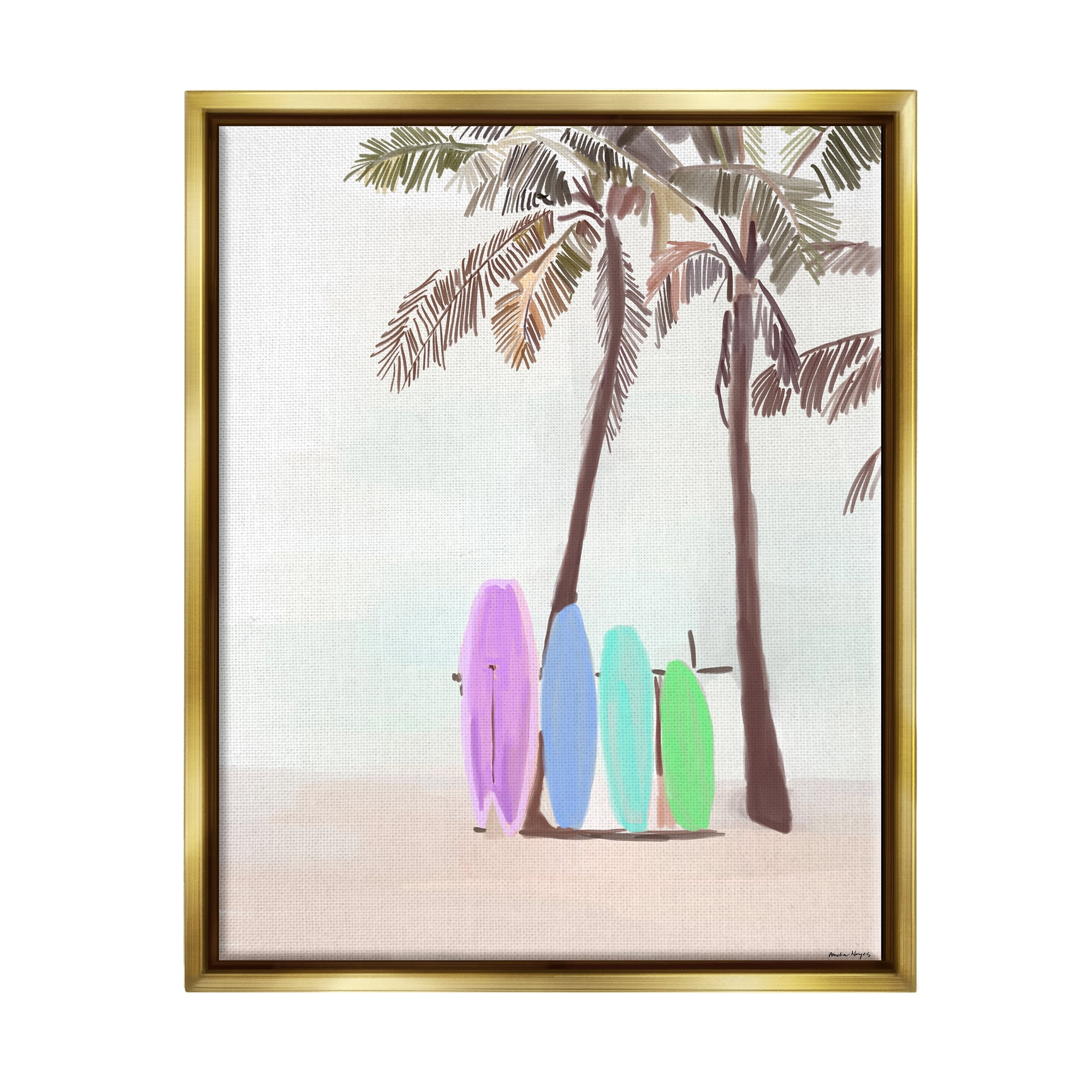Stupell Industries Surfboards on Palm Trees Sports Painting Gold Floater Framed Art Print Wall Art, 25 x 31