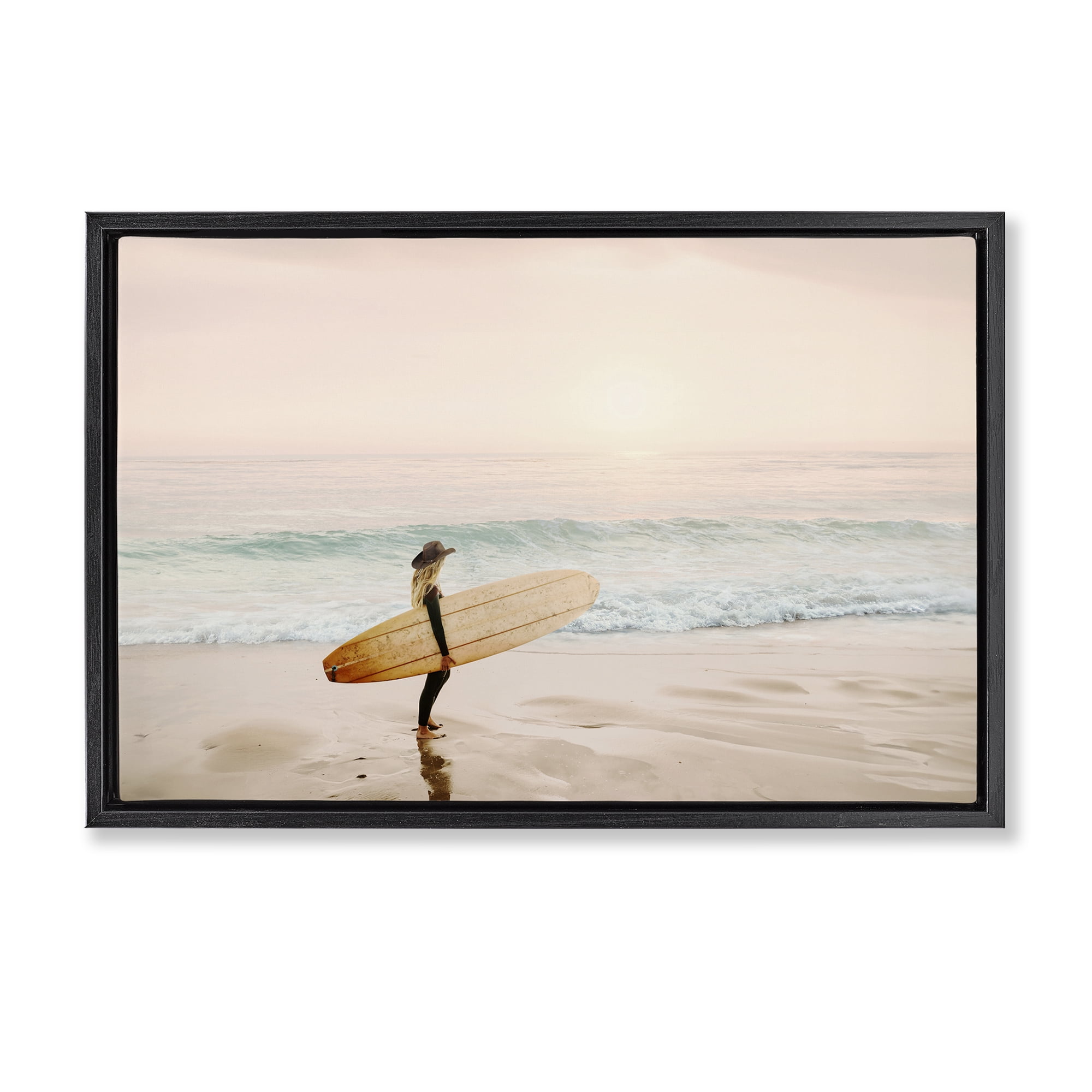 Stupell Industries Surfer Cowgirl on Beach Sports Photography Black Floater Framed Canvas Art Print Wall Art, 25 x 17
