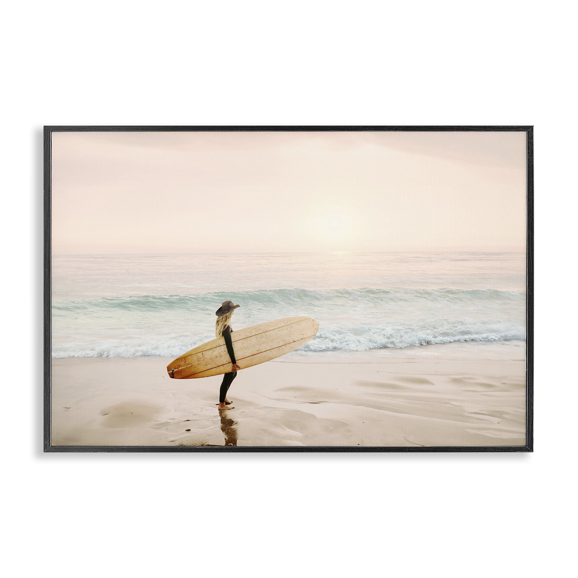 Stupell Industries Surfer Cowgirl on Beach Sports Photography Black Framed Art Print Wall Art, 18 x 12