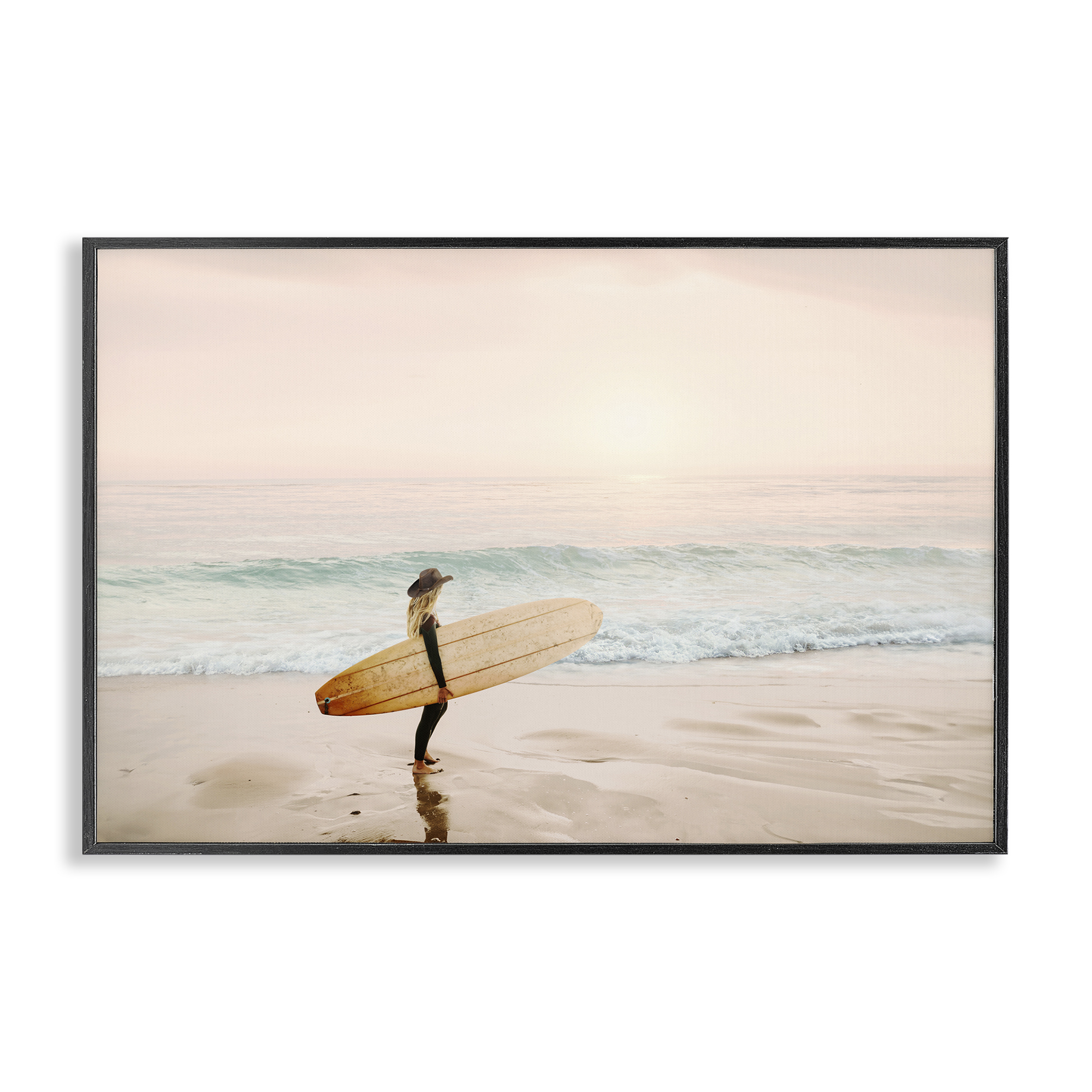 Stupell Industries Surfer Cowgirl on Beach Sports Photography Black Framed Art Print Wall Art, 30 x 20