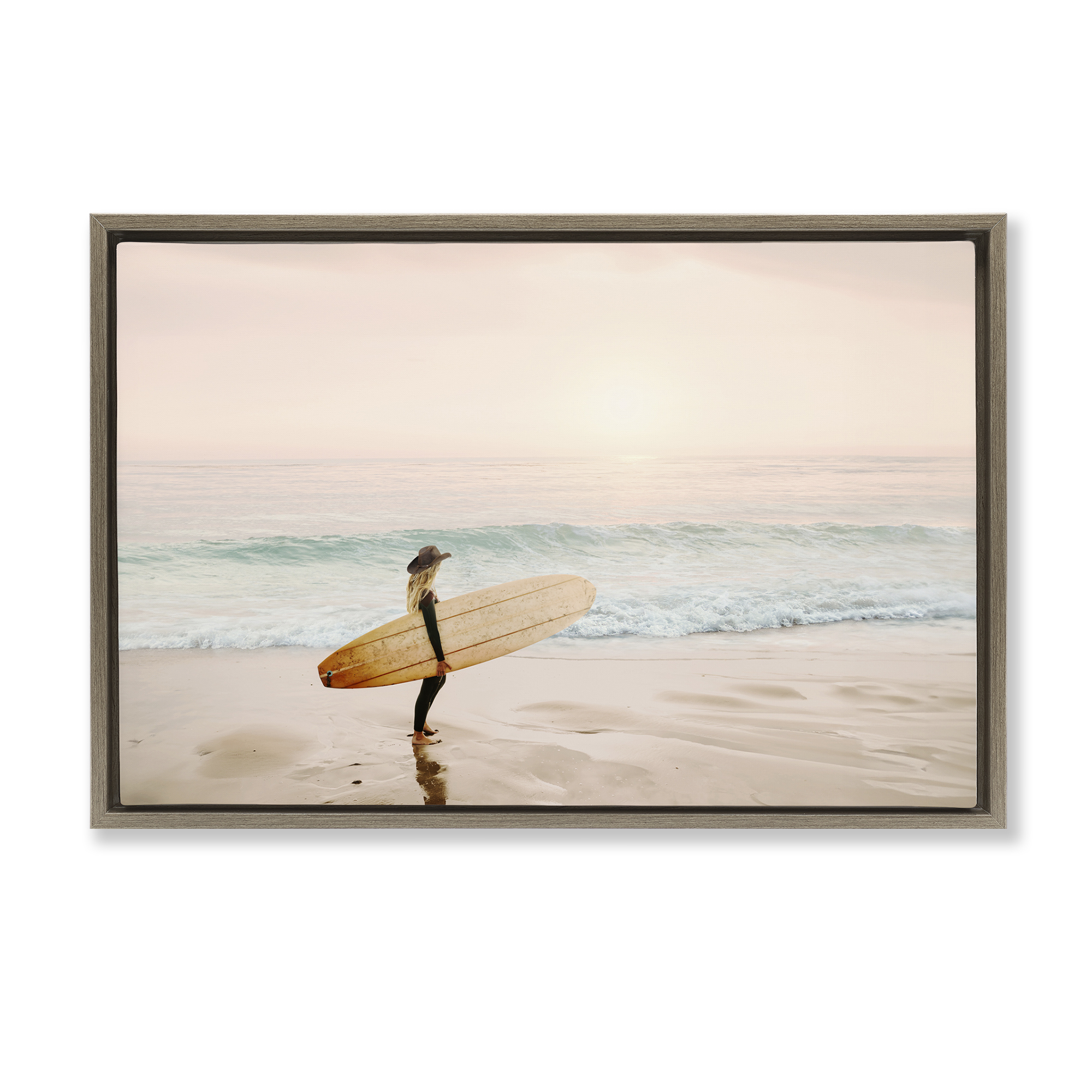 Stupell Industries Surfer Cowgirl on Beach Sports Photography Brown Floater Framed Canvas Art Print Wall Art, 25 x 17