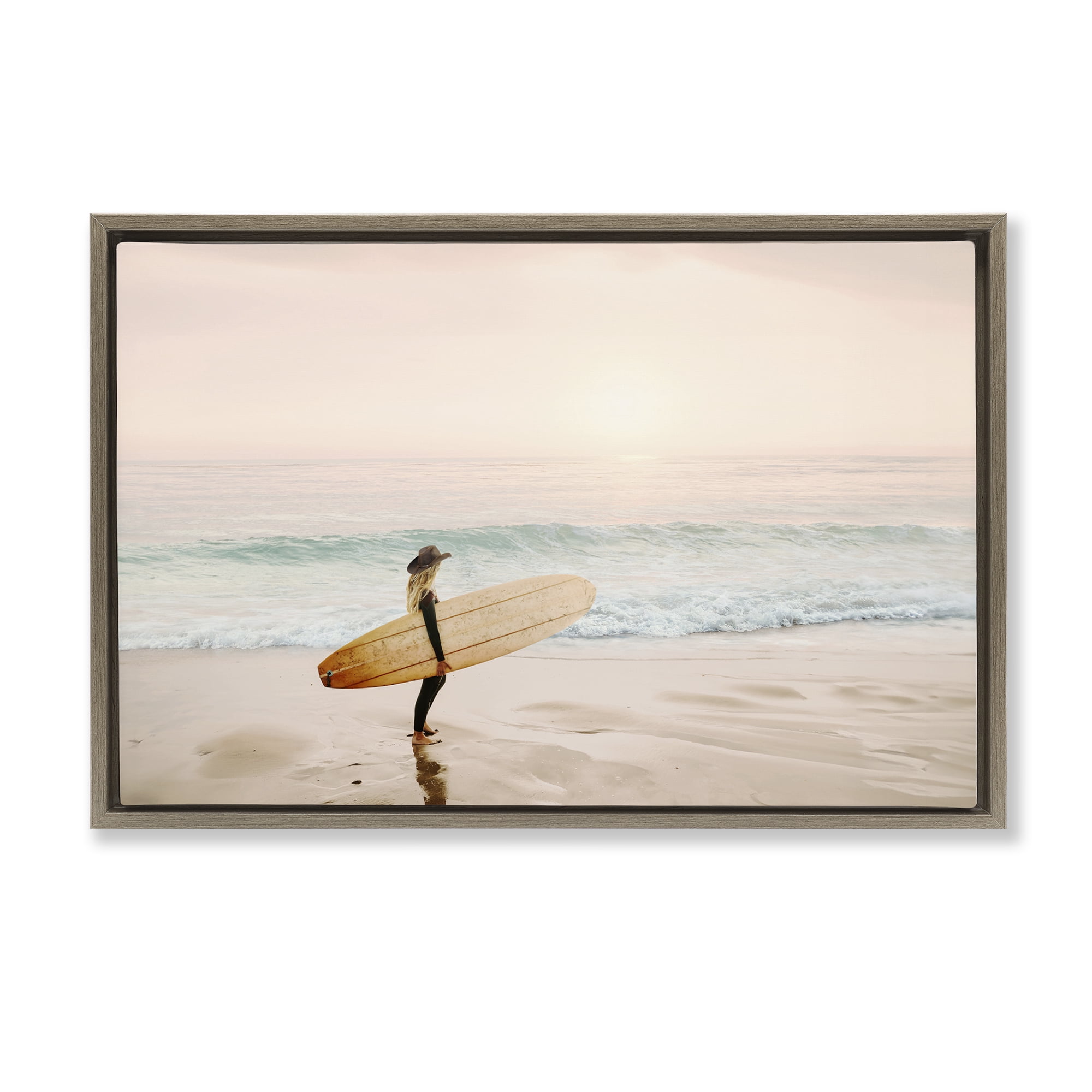 Stupell Industries Surfer Cowgirl on Beach Sports Photography Brown Floater Framed Canvas Art Print Wall Art, 31 x 21