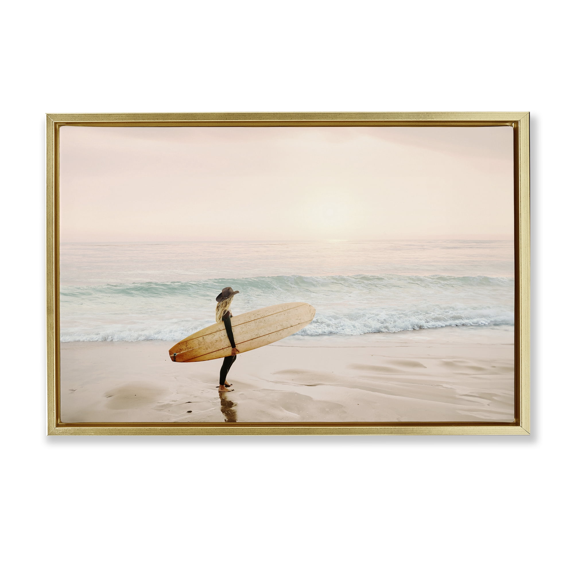 Stupell Industries Surfer Cowgirl on Beach Sports Photography Gold Floater Framed Canvas Art Print Wall Art, 31 x 21