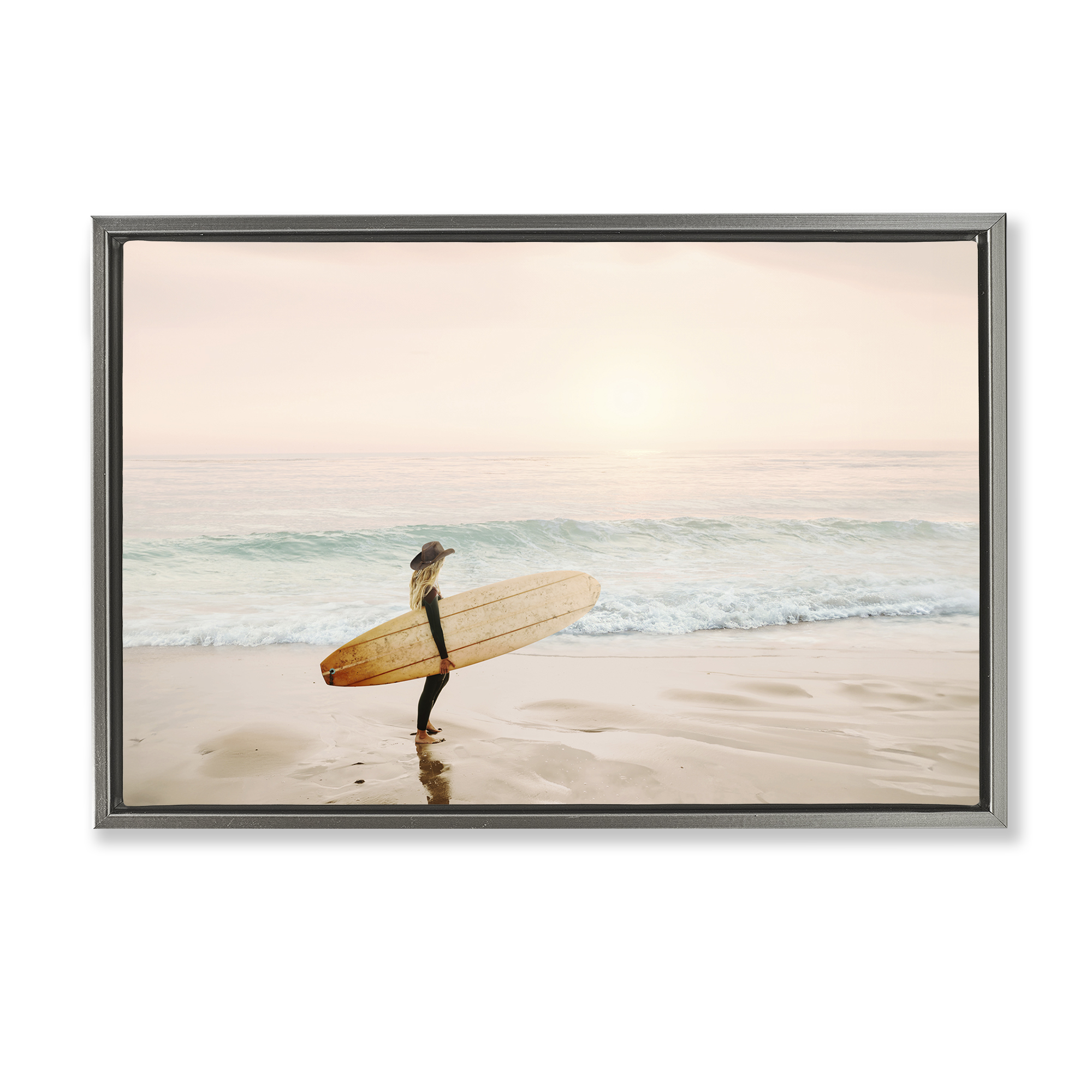 Stupell Industries Surfer Cowgirl on Beach Sports Photography Gray Floater Framed Canvas Art Print Wall Art, 31 x 21