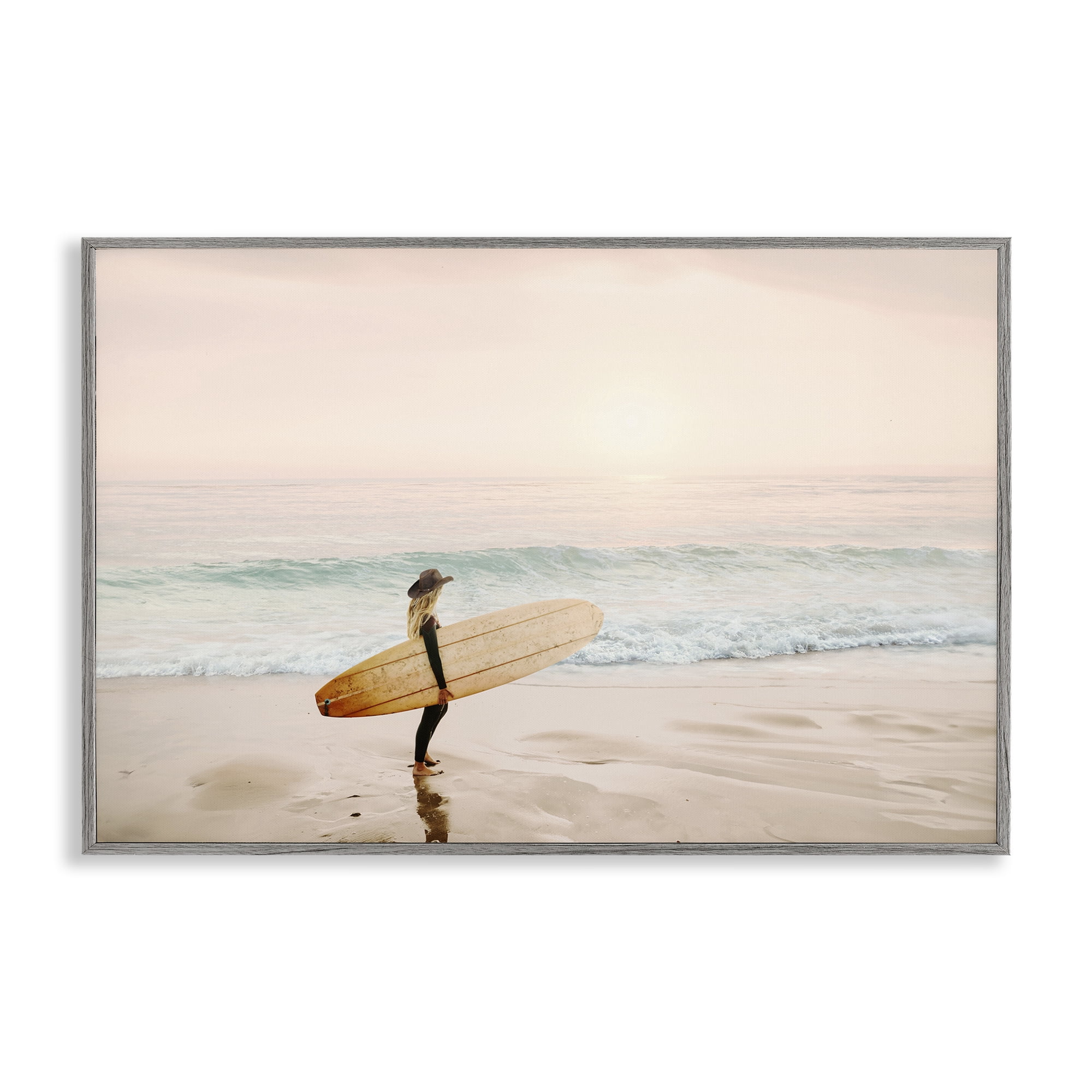 Stupell Industries Surfer Cowgirl on Beach Sports Photography Gray Framed Art Print Wall Art, 30 x 20