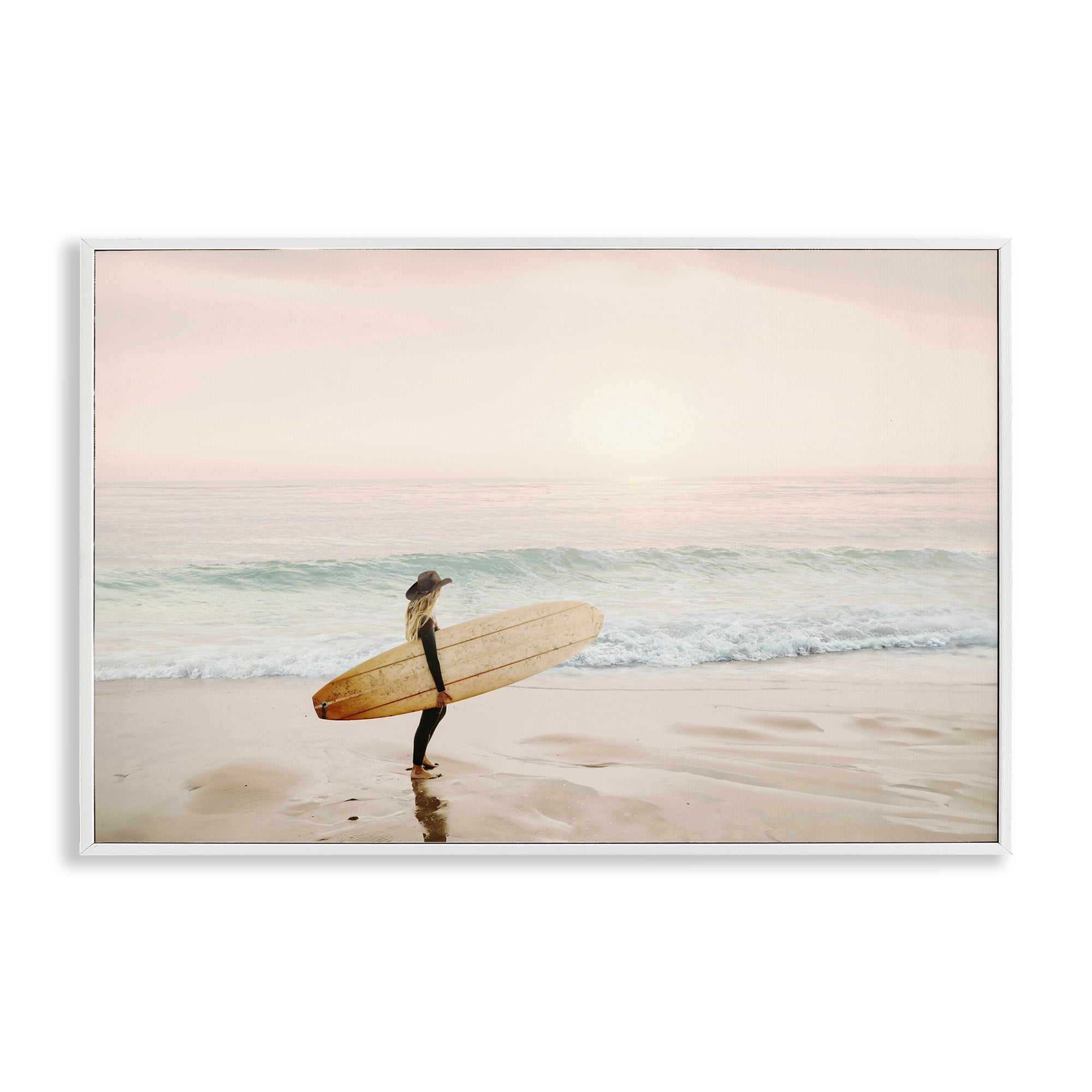 Stupell Industries Surfer Cowgirl on Beach Sports Photography White Framed Art Print Wall Art, 24 x 16