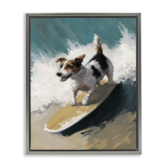 Stupell Industries Surfer Dog Catching Wave Animals Painting Gray Floater Framed Canvas Art Print Wall Art, 17 x 21