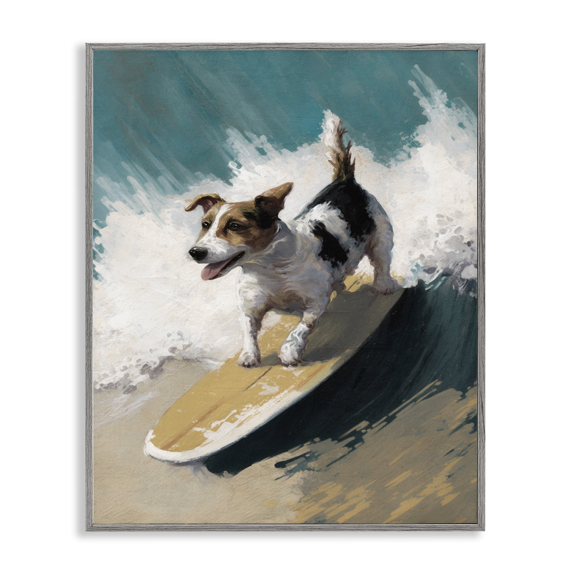 Stupell Industries Surfer Dog Catching Wave Animals Painting Gray Framed Art Print Wall Art, 16 x 20