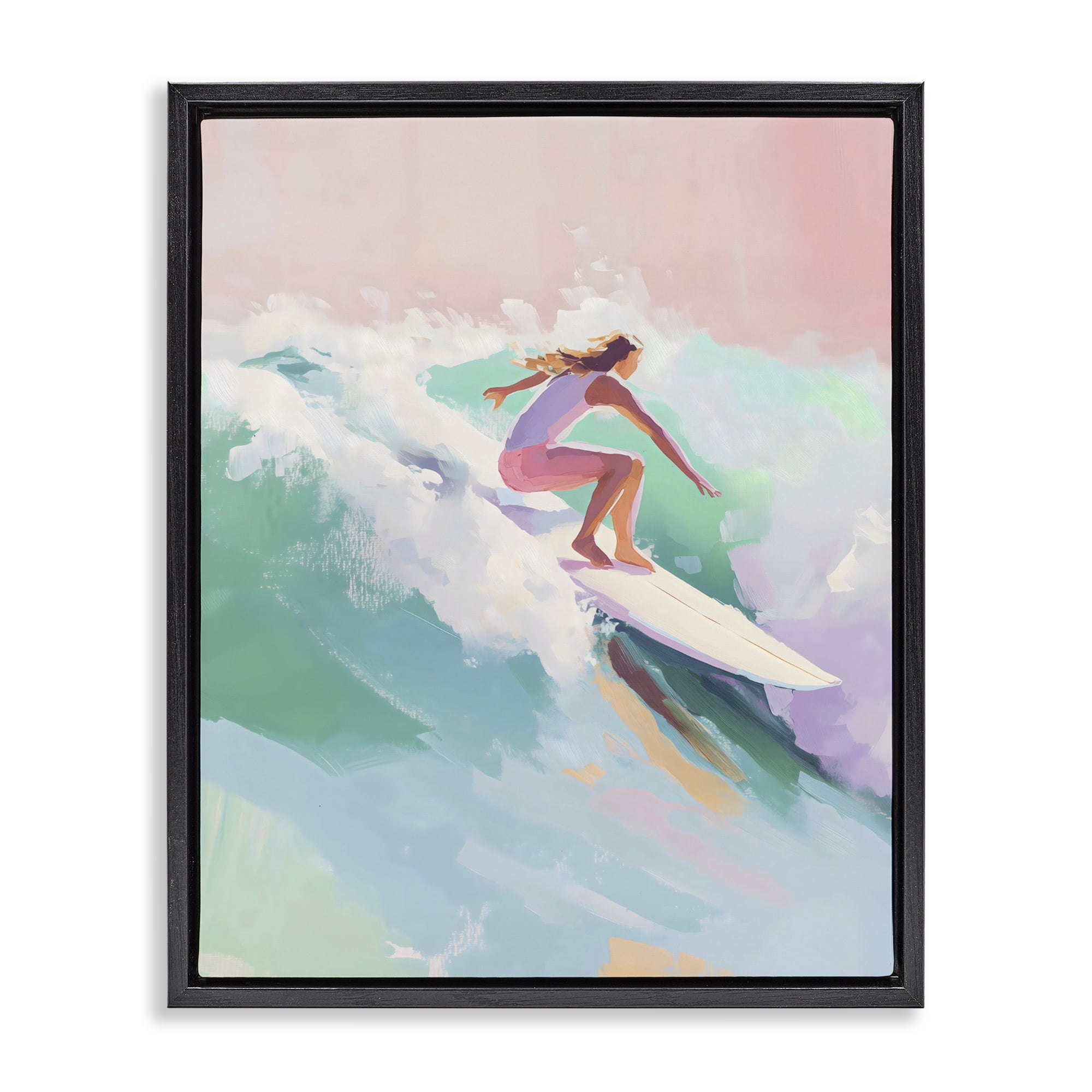 Stupell Industries Surfer Girl Riding Waves Black Framed Floater Canvas Wall Art, design by The Prints Vibe