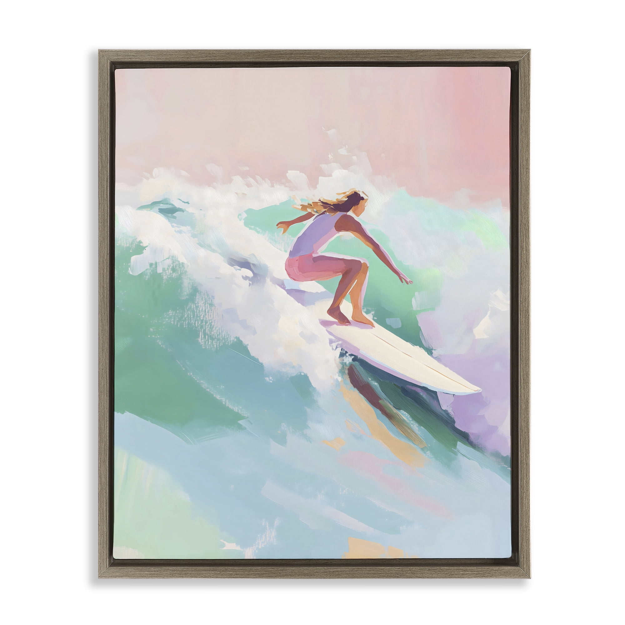 Stupell Industries Surfer Girl Riding Waves Brown Framed Floater Canvas Wall Art, design by The Prints Vibe