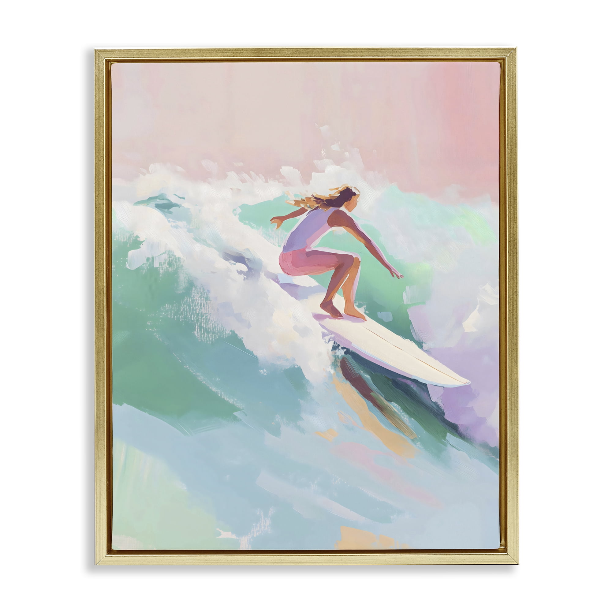 Stupell Industries Surfer Girl Riding Waves Gold Framed Floater Canvas Wall Art, design by The Prints Vibe