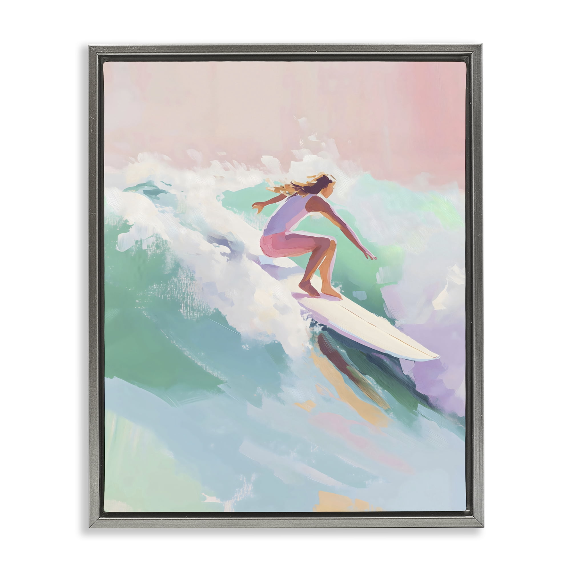 Stupell Industries Surfer Girl Riding Waves Gray Framed Floater Canvas Wall Art, design by The Prints Vibe
