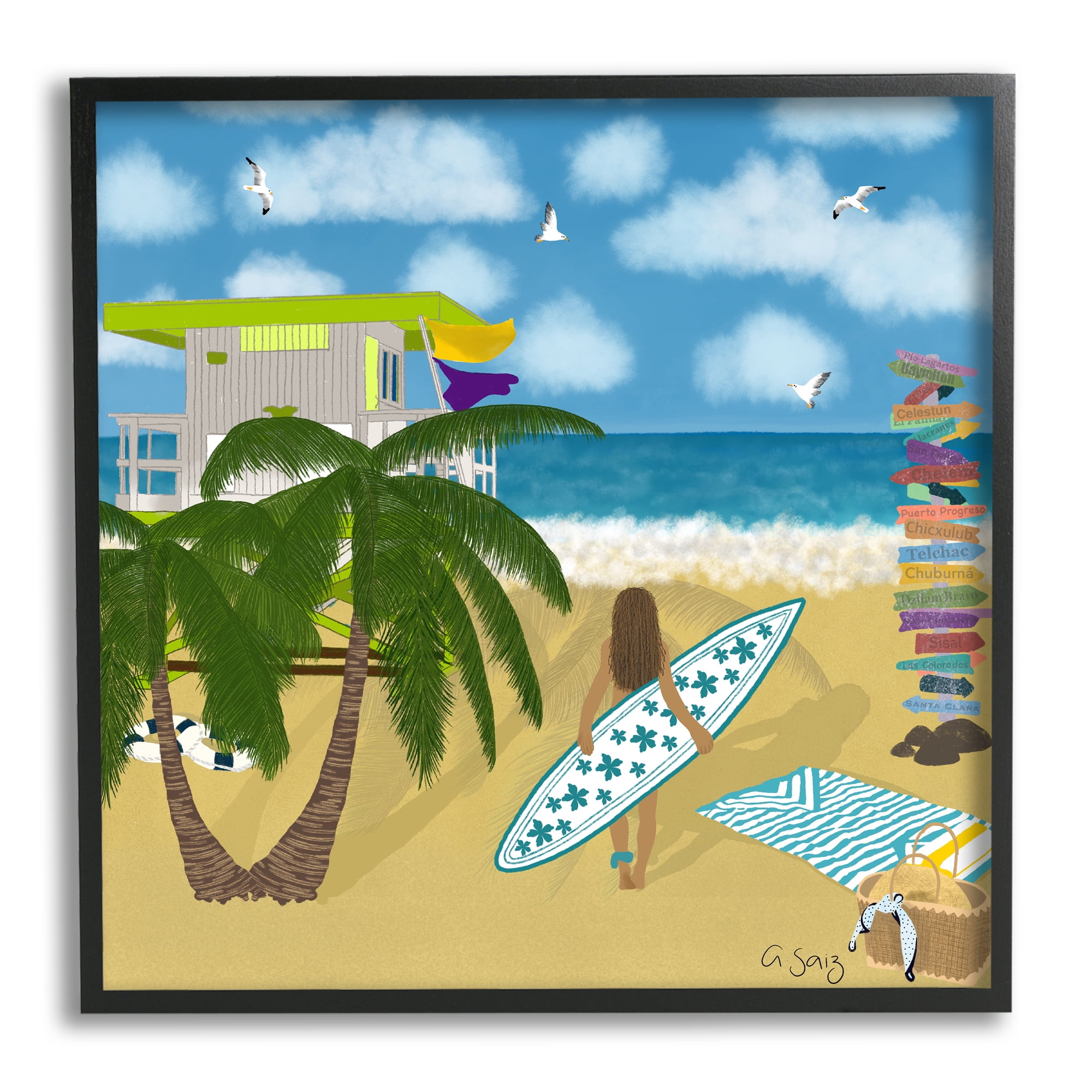 Stupell Industries Surfer Girl Walking Tropical Beach Coastal Painting Black Framed Art Print Wall Art