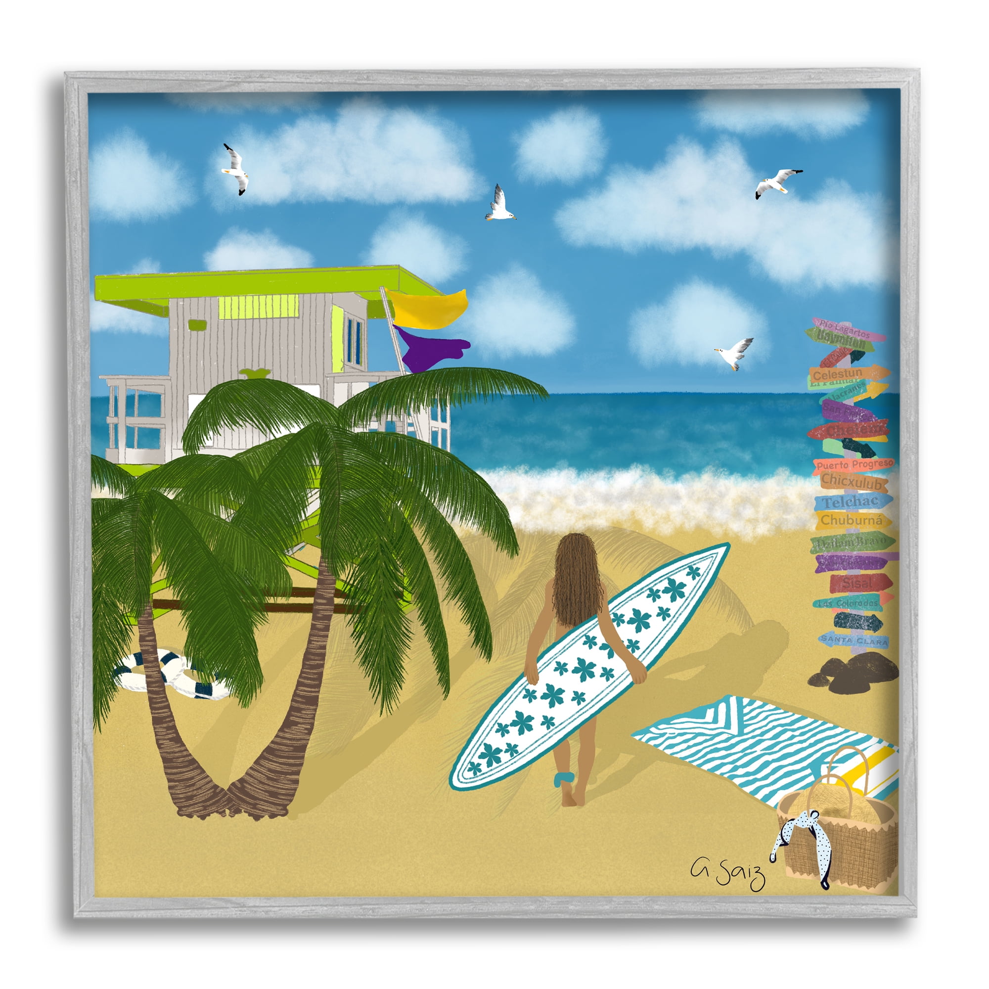 Gray Framed Tropical Beach Landscape Canvas Print, 12 x 12