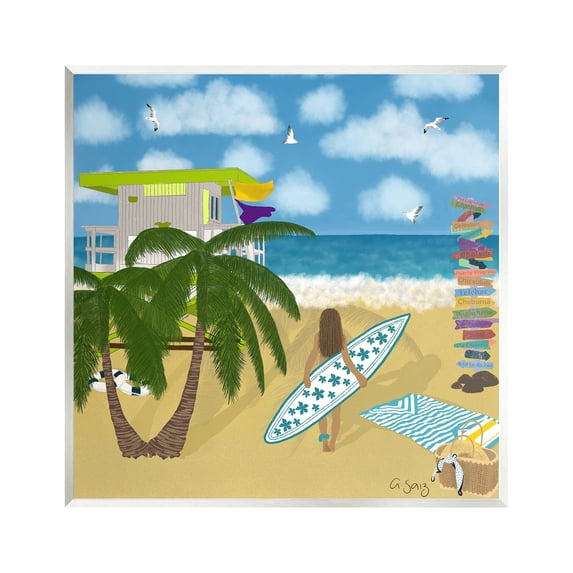 Stupell Industries Surfer Girl Walking Tropical Beach Coastal Painting Unframed Art Print Wall Art