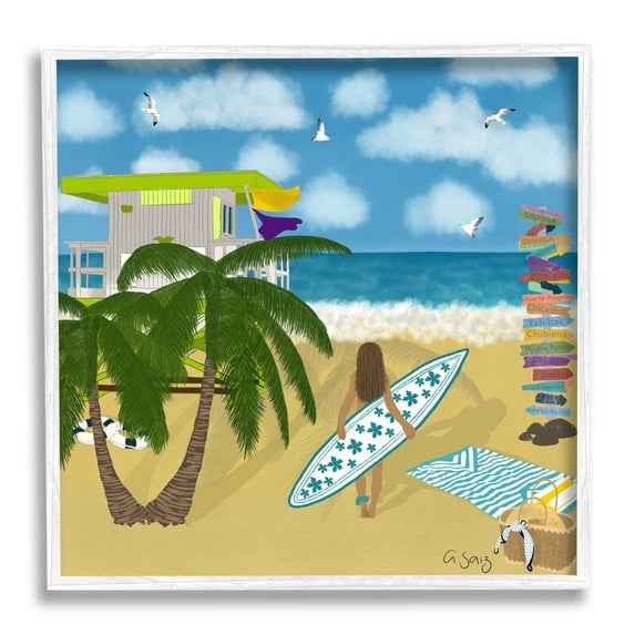 Stupell Industries Surfer Girl Walking Tropical Beach Coastal Painting White Framed Art Print Wall Art