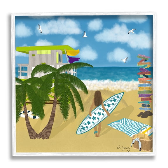 Stupell Industries Surfer Girl Walking Tropical Beach Coastal Painting White Framed Art Print Wall Art