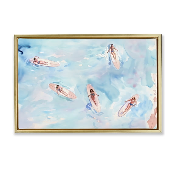Stupell Industries Surfer Girls on Sea People Painting Gold Floater Framed Canvas Art Print Wall Art, 31 x 21