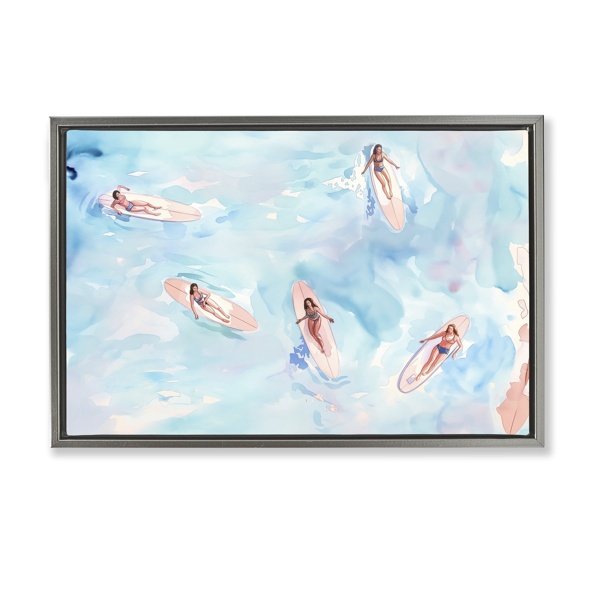 Stupell Industries Surfer Girls on Sea People Painting Gray Floater Framed Canvas Art Print Wall Art, 31 x 21