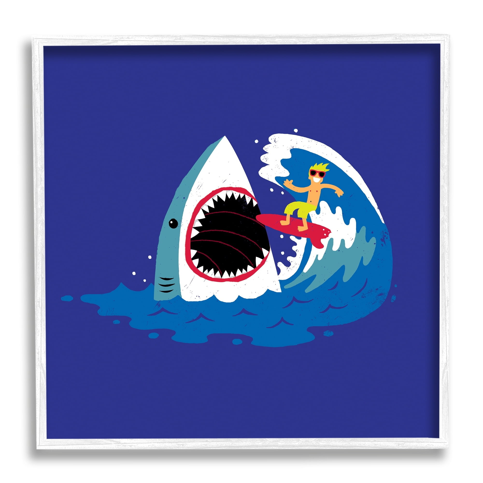 Stupell Industries Surfer Ocean Wave Shark Teeth Whimsical Beach Framed Wall Art, 24 x 24, Design by Michael Buxton