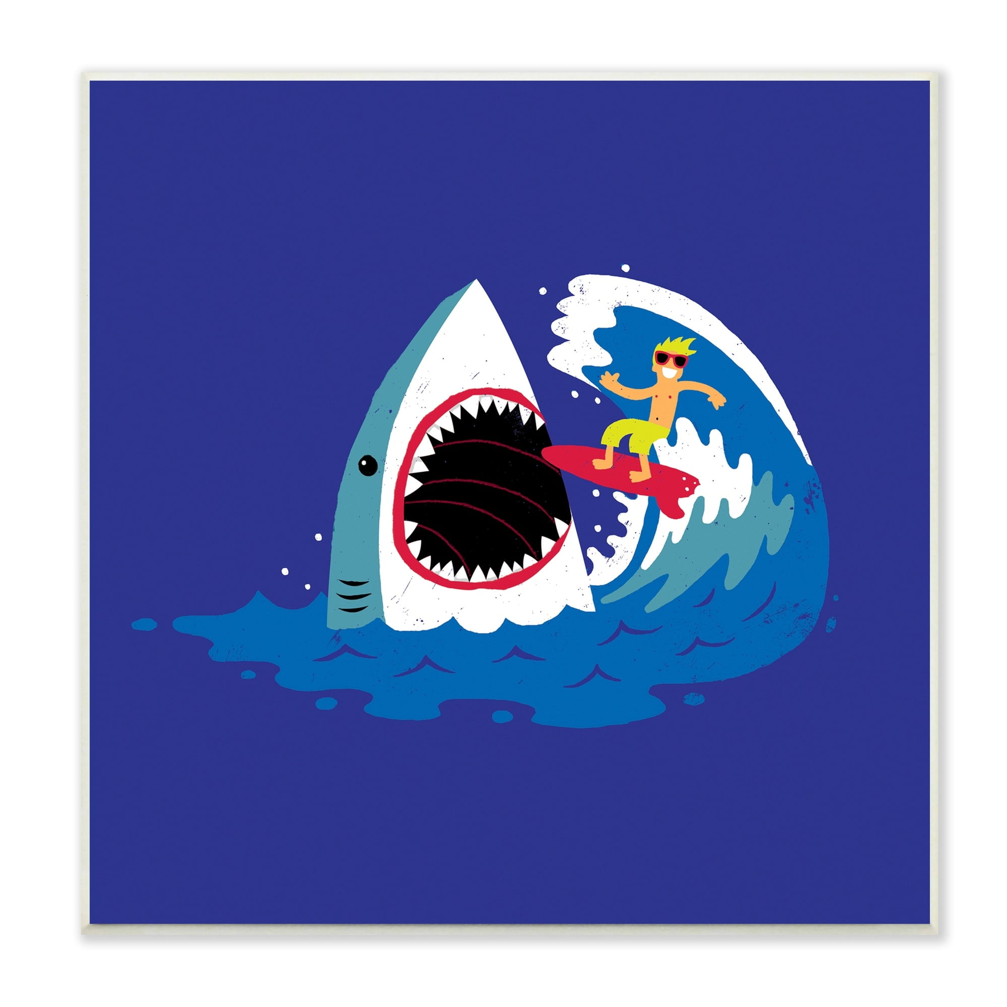 Stupell Industries Surfer Ocean Wave Shark Teeth Whimsical Beach Wood Wall Art, 12 x 12, Design by Michael Buxton