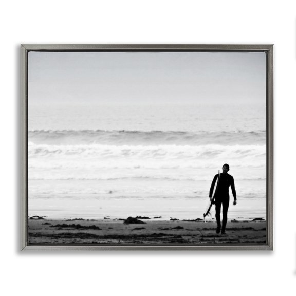 Stupell Industries Coastal Surfer Silhouette Beach Stroll Distant Ocean Waves Gray Floating Frame Canvas Art, 21 x 17, by Graffitee Studios