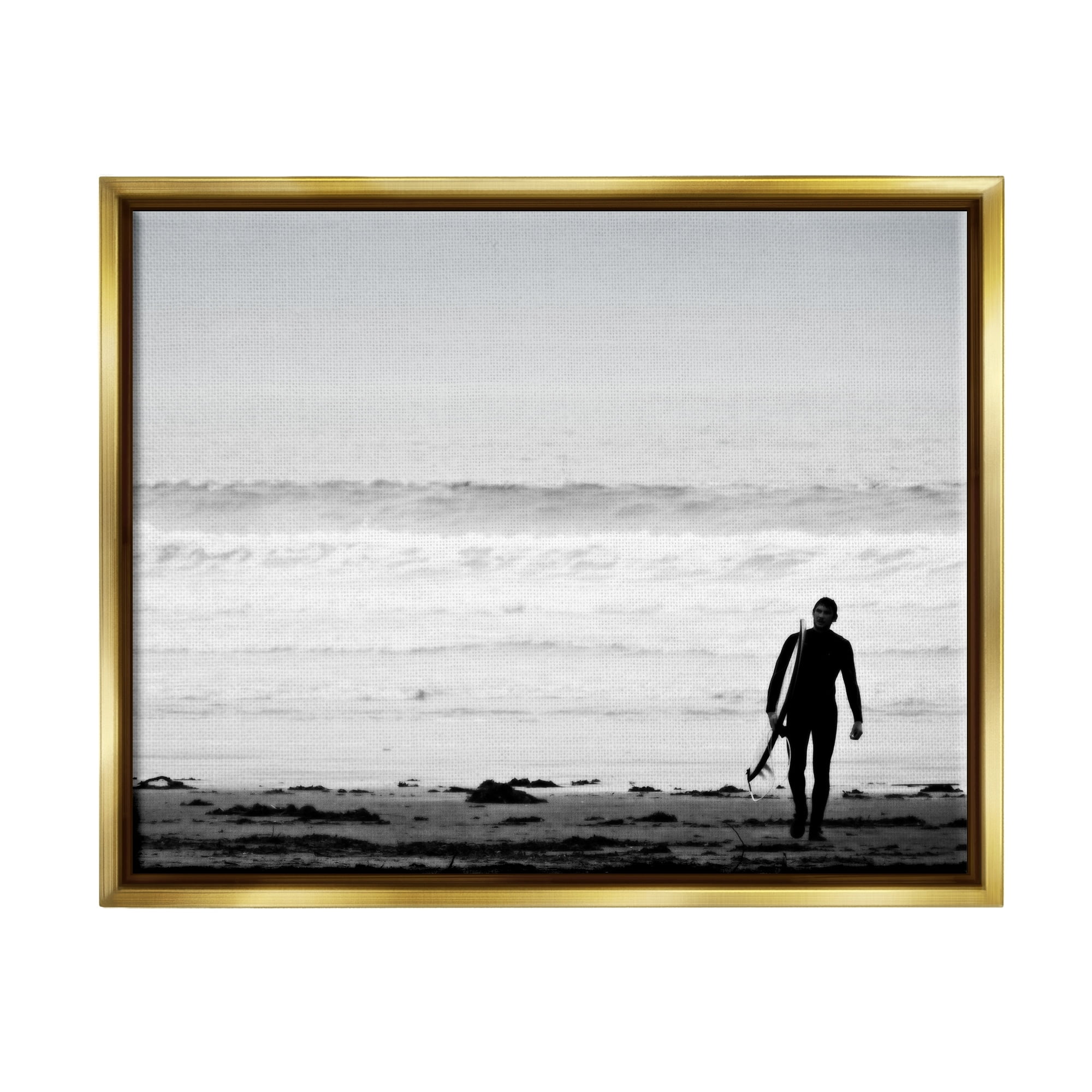 Stupell Industries Surfer Silhouette Beach Stroll Distant Ocean Waves Photograph Metallic Gold Floating Framed Canvas Print Wall Art, Design by Graffitee Studios
