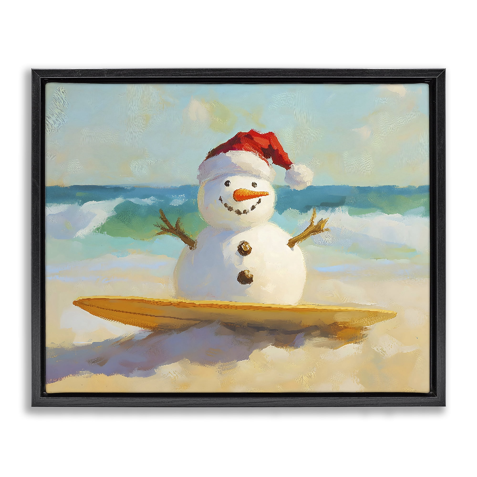 Stupell Industries Surfer Snowman on Beach Black Framed Floater Canvas Wall Art, design by The Prints Vibe