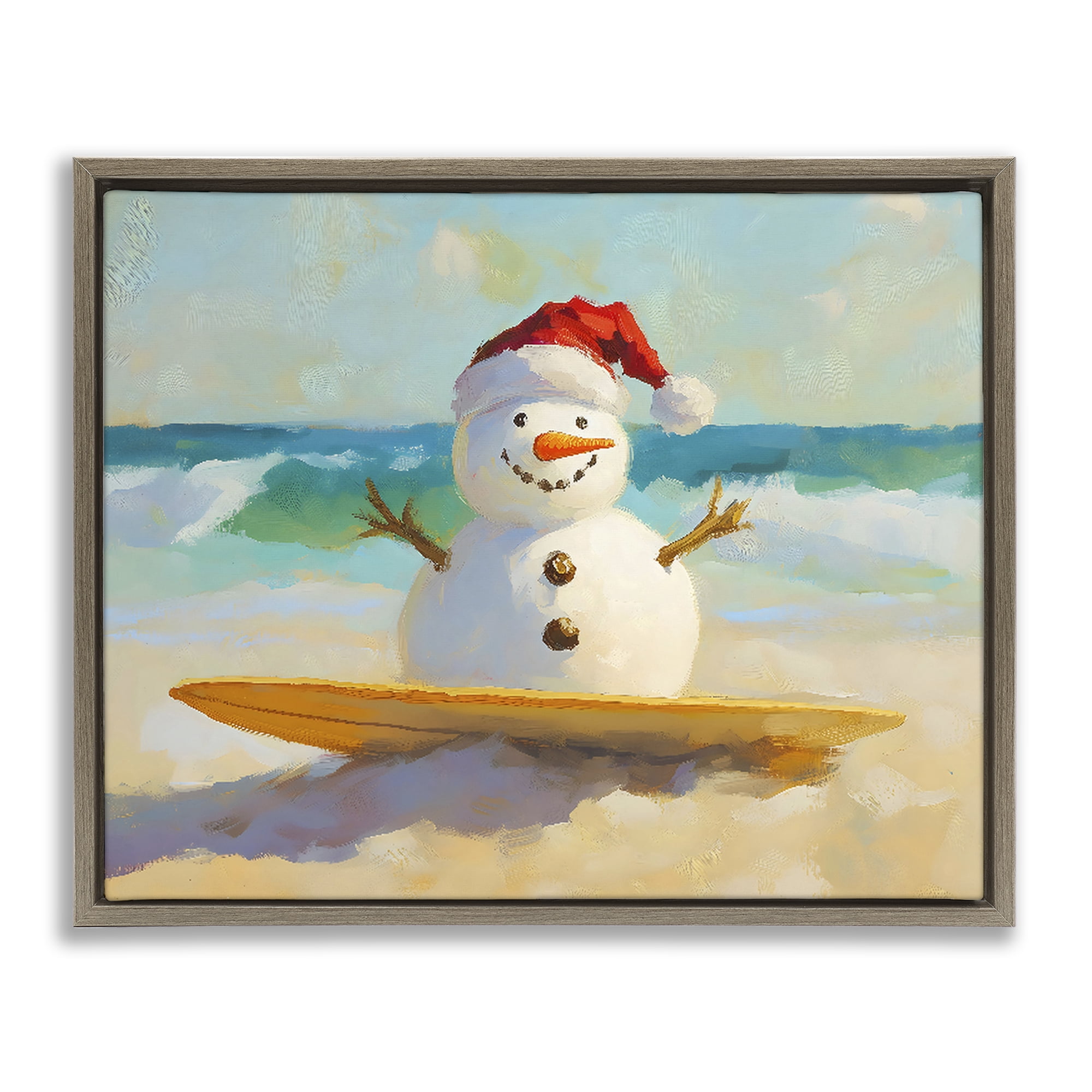 Stupell Industries Surfer Snowman on Beach Brown Framed Floater Canvas Wall Art, design by The Prints Vibe