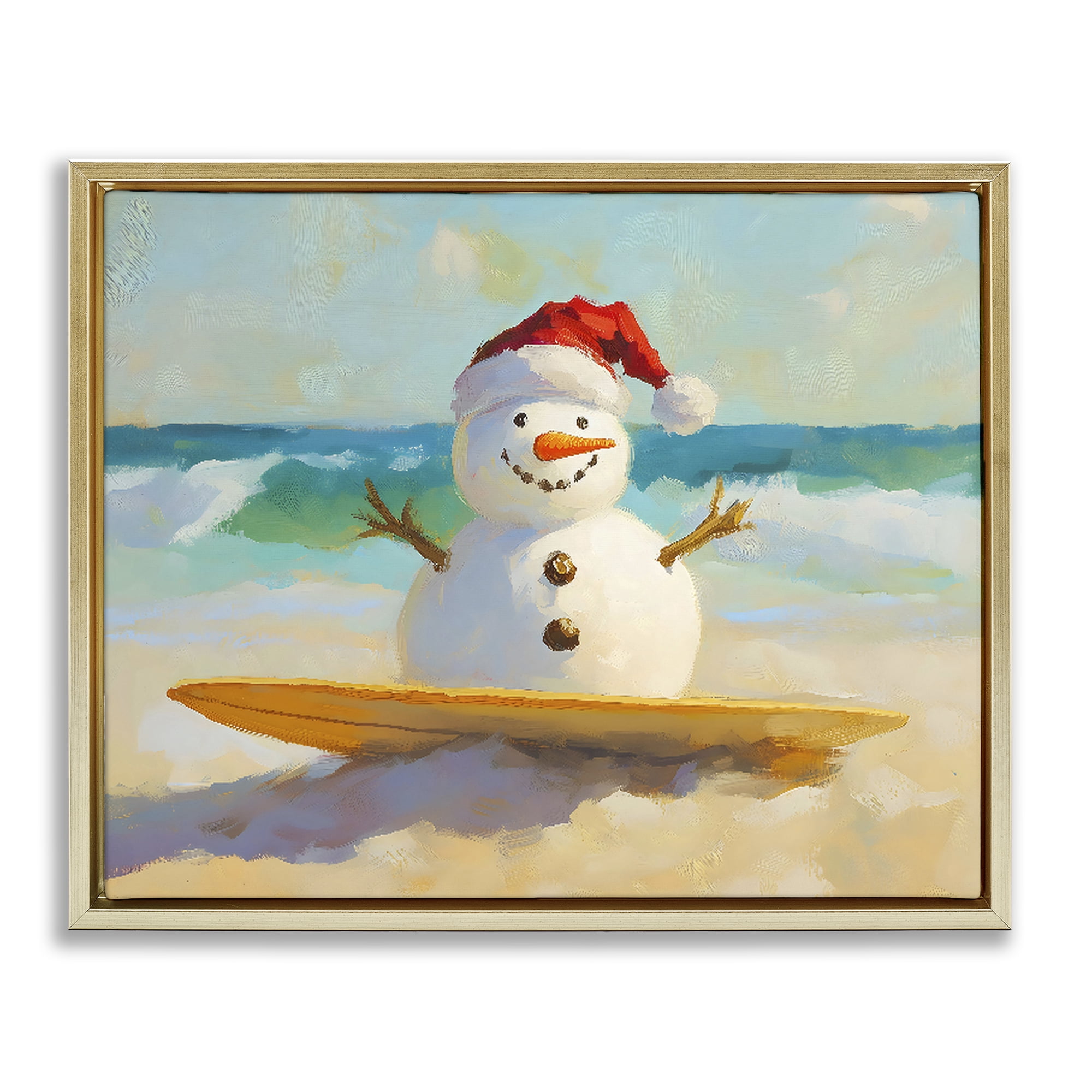 Stupell Industries Surfer Snowman on Beach Gold Framed Floater Canvas Wall Art, design by The Prints Vibe