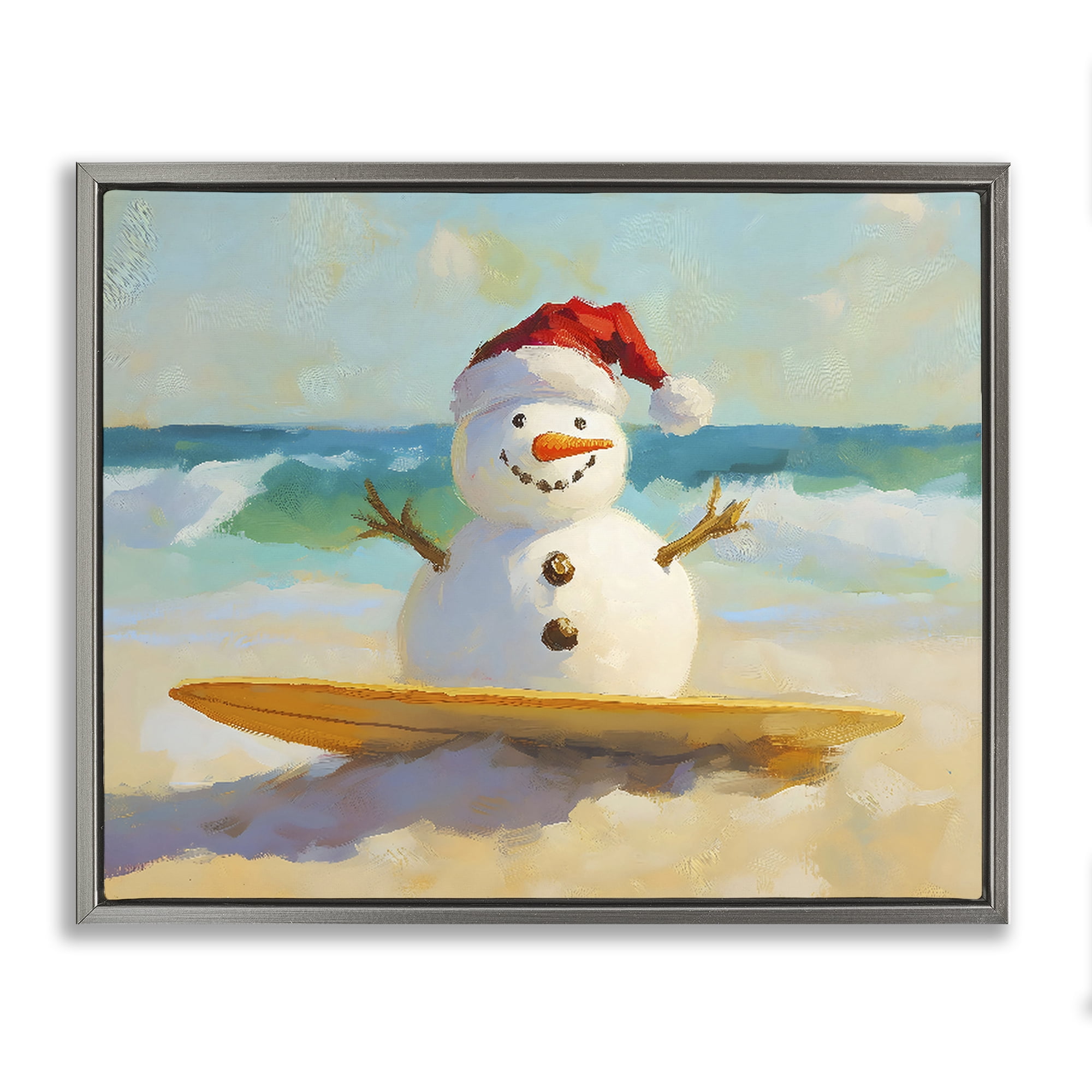 Stupell Industries Surfer Snowman on Beach Gray Framed Floater Canvas Wall Art, design by The Prints Vibe