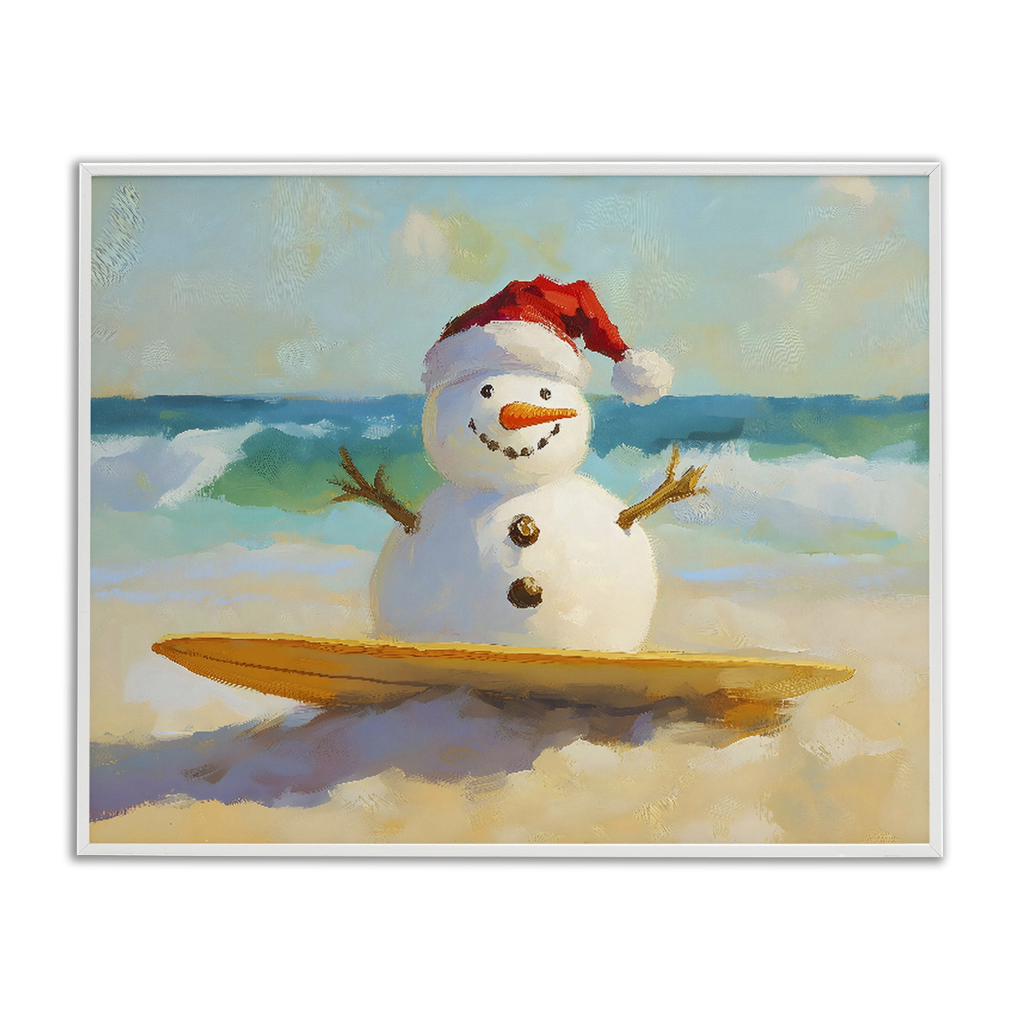 Stupell Industries Surfer Snowman on Beach White Framed Giclee Art, design by The Prints Vibe