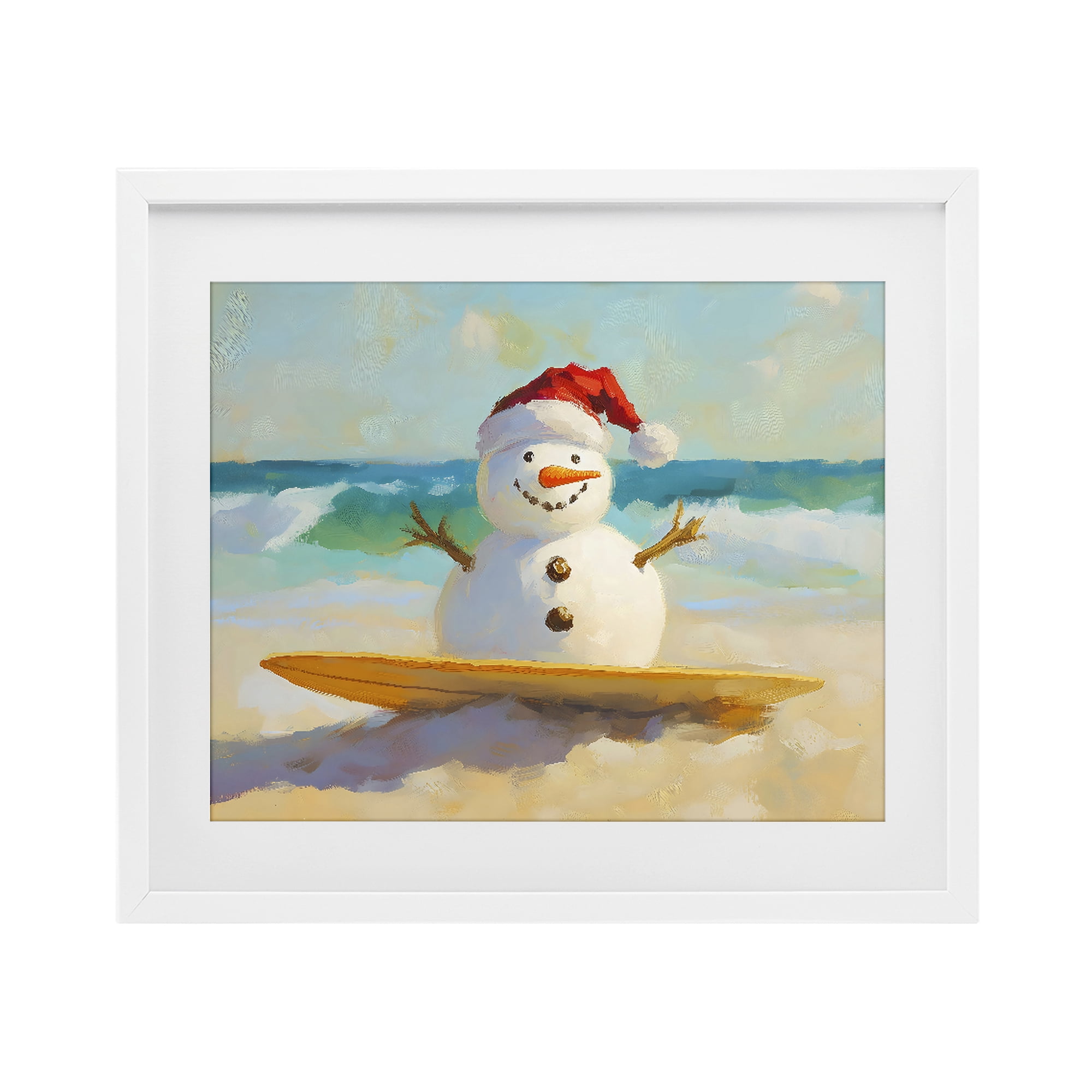 Stupell Industries Surfer Snowman on Beach White Framed Print Under Glass, design by The Prints Vibe