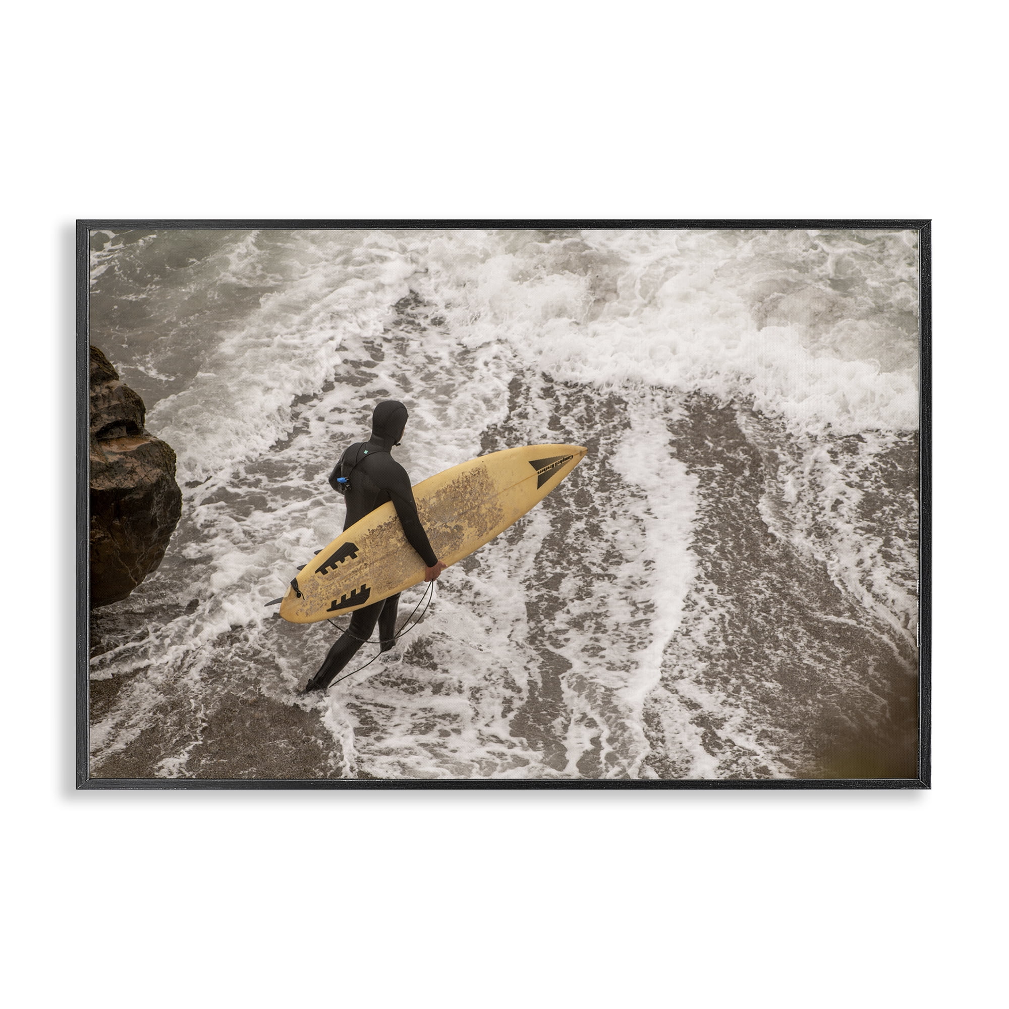 Stupell Industries Surfer Strolling Shore People Photography Black Framed Art Print Wall Art, 24 x 16