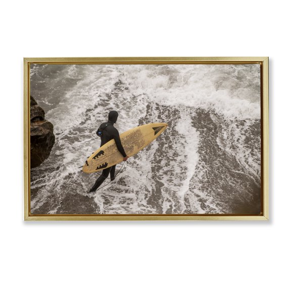 Stupell Industries Surfer Strolling Shore People Photography Gold Floater Framed Canvas Art Print Wall Art, 25 x 17
