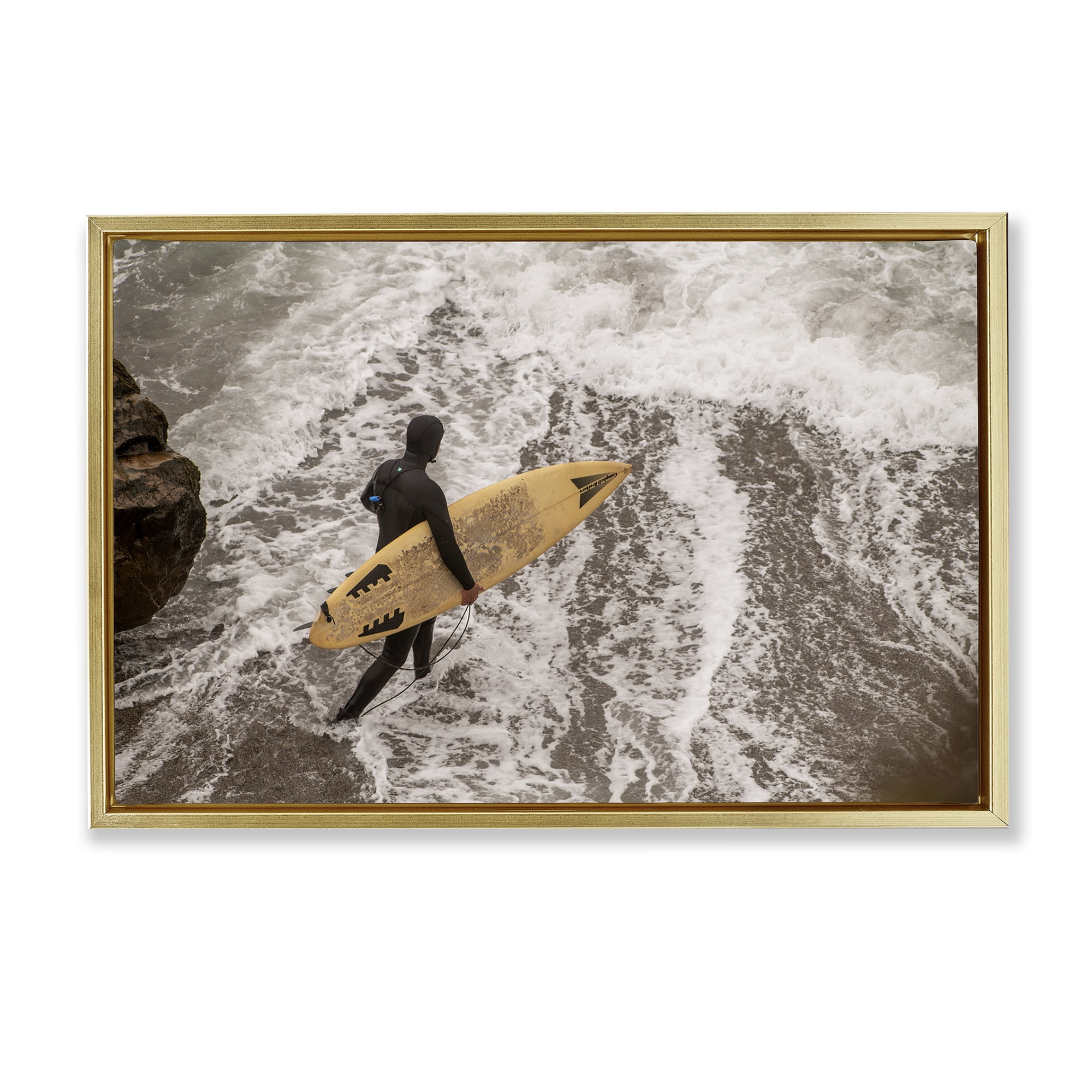Stupell Industries Surfer Strolling Shore People Photography Gold Floater Framed Canvas Art Print Wall Art, 31 x 21