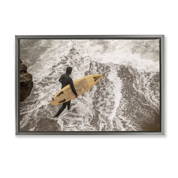Stupell Industries Surfer Strolling Shore People Photography Gray Floater Framed Canvas Art Print Wall Art, 25 x 17