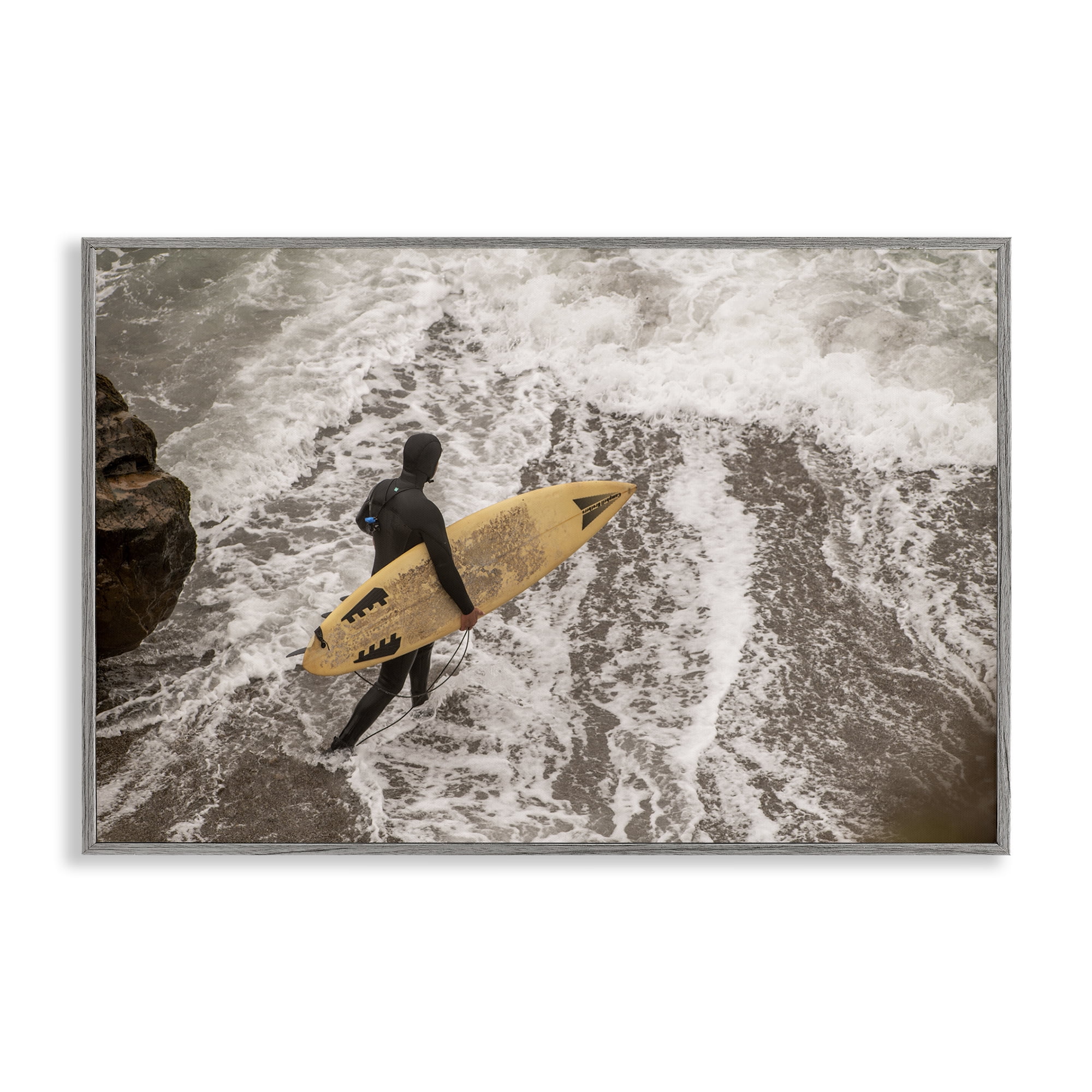 Stupell Industries Surfer Strolling Shore People Photography Gray Framed Art Print Wall Art, 30 x 20