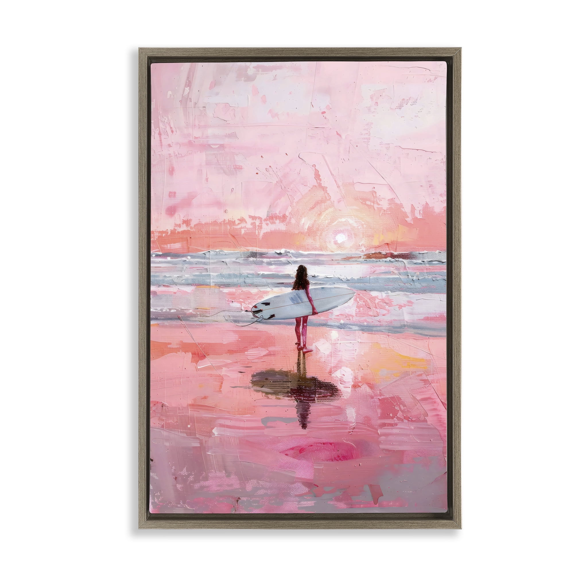 Stupell Industries Surfer at Pink Sunset Brown Framed Floater Canvas Wall Art, design by Creative Studio
