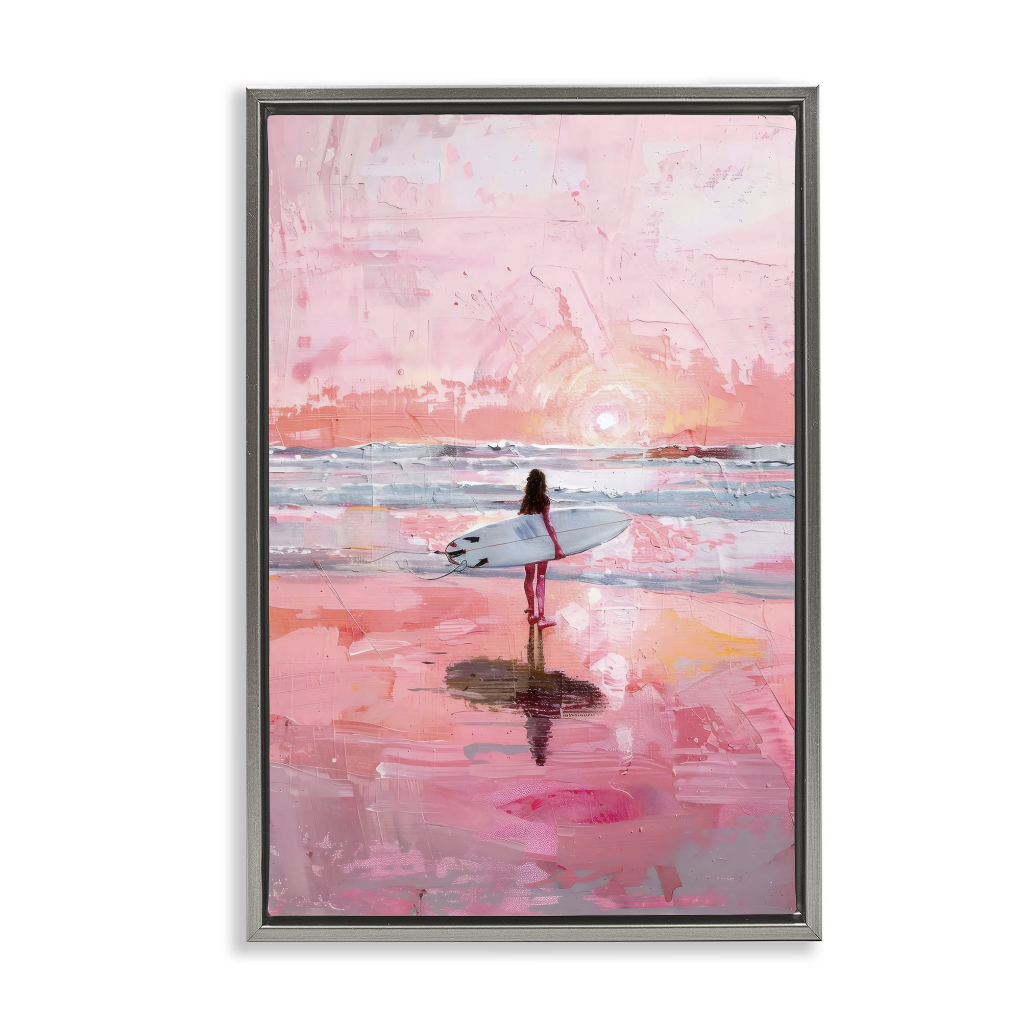 Stupell Industries Surfer at Pink Sunset Gray Framed Floater Canvas Wall Art, design by Creative Studio